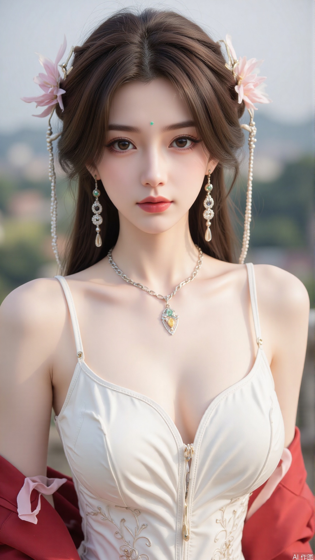 1girl,solo,jewelry,flower,hair flower,hair ornament,necklace,realistic,brown hair,brown eyes,looking at viewer,dress,blurry background,twin braids,blurry,white dress,long hair,upper body,breasts,pink bow,red jacket,bare shoulders,lips,collarbone,outdoors,cleavage,large natural breast,soft breasts,huge Breasts