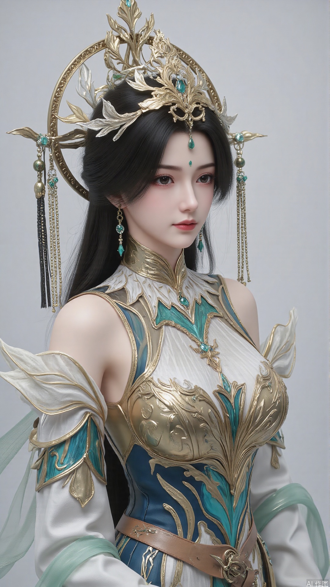 masterpiece,best quality,1girl, black hair, solo, dress, long hair, jewelry, earrings, forehead mark, facial mark, hair ornament, looking at viewer, hair rings, cowboy shot