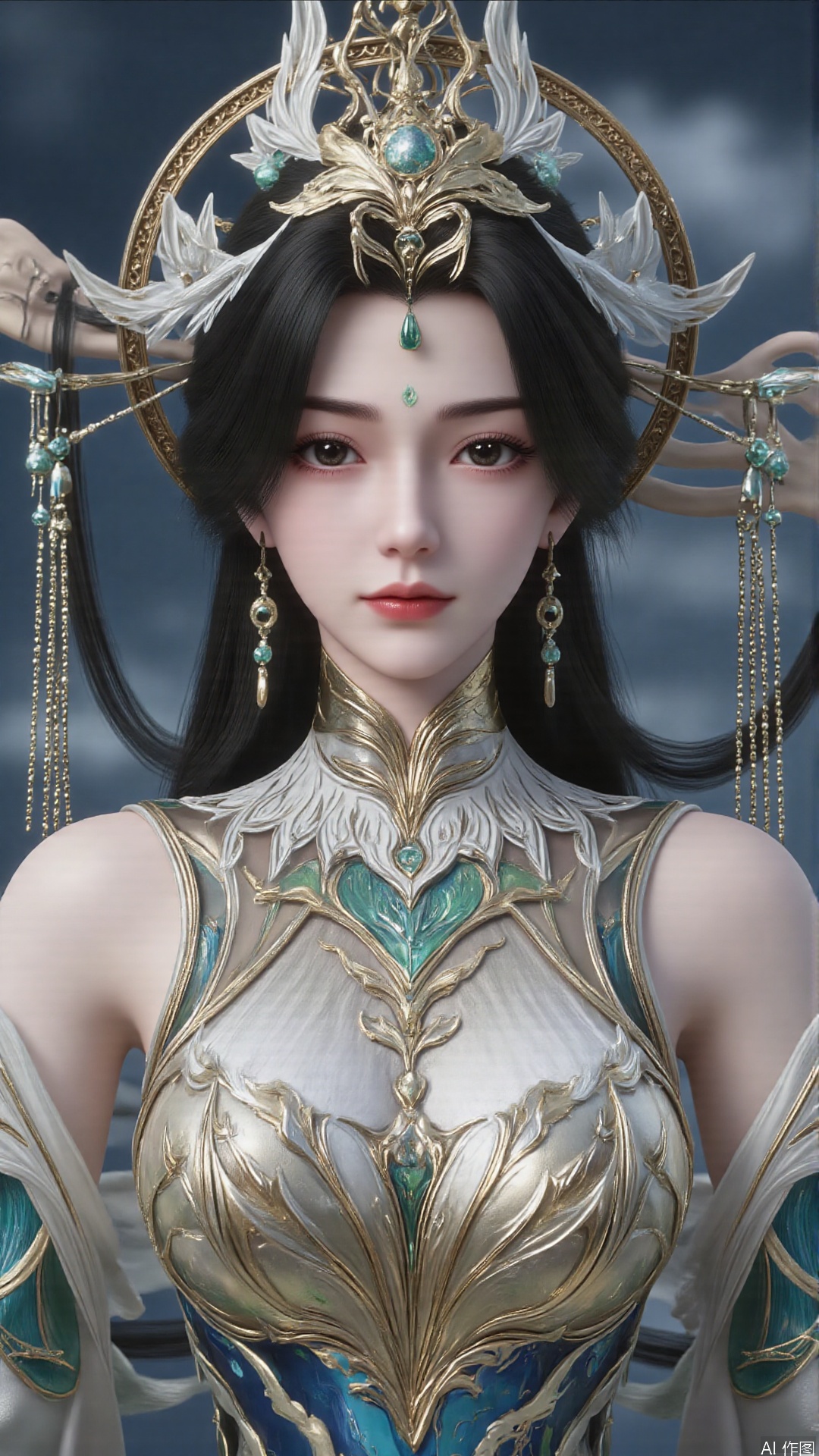 masterpiece,best quality,1girl, black hair, solo, dress, long hair, jewelry, earrings, forehead mark, facial mark, hair ornament, looking at viewer, hair rings, cowboy shot
