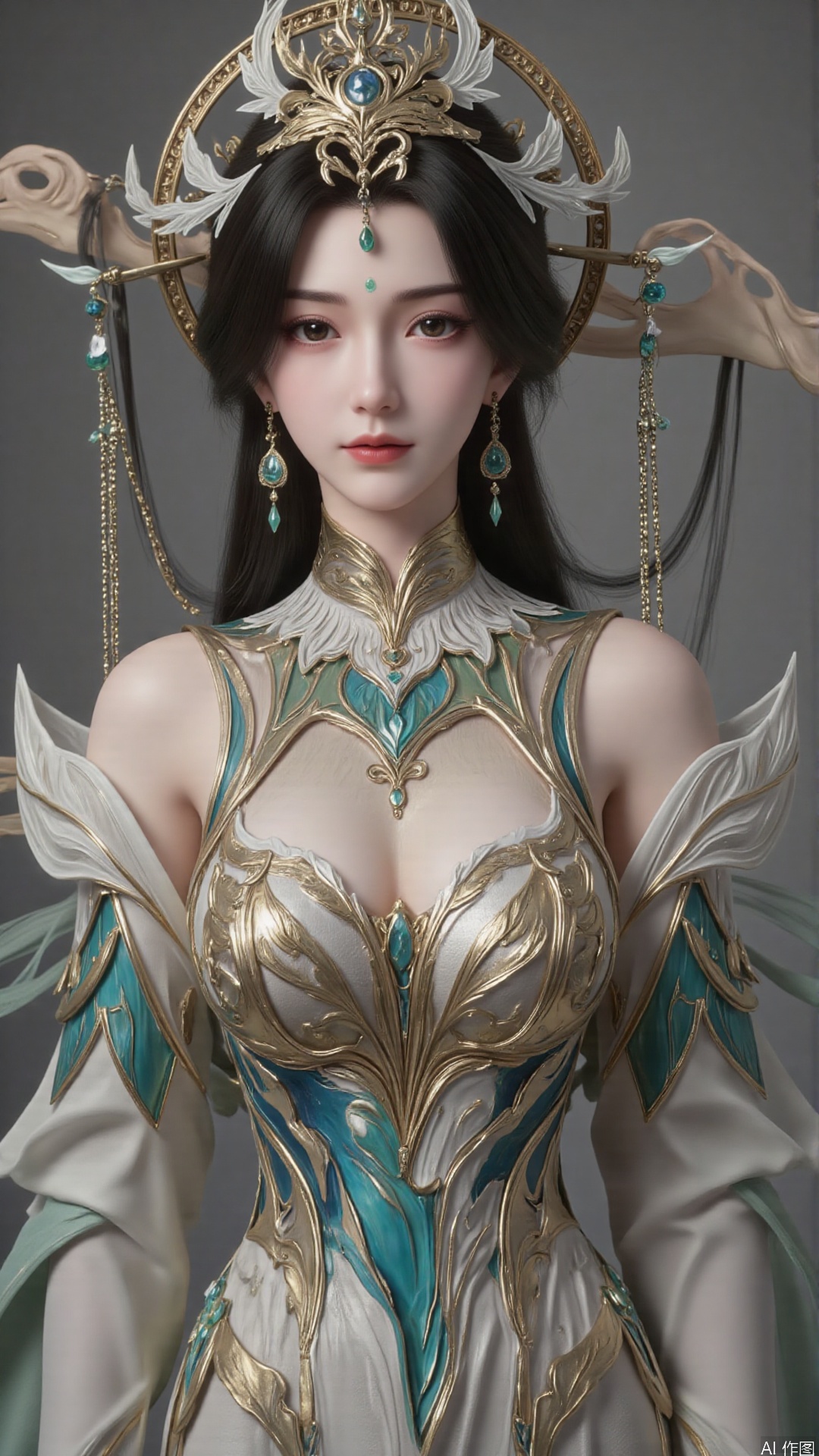masterpiece,best quality,1girl, black hair, solo, dress, long hair, jewelry, earrings, forehead mark, facial mark, hair ornament, looking at viewer, hair rings, cowboy shot