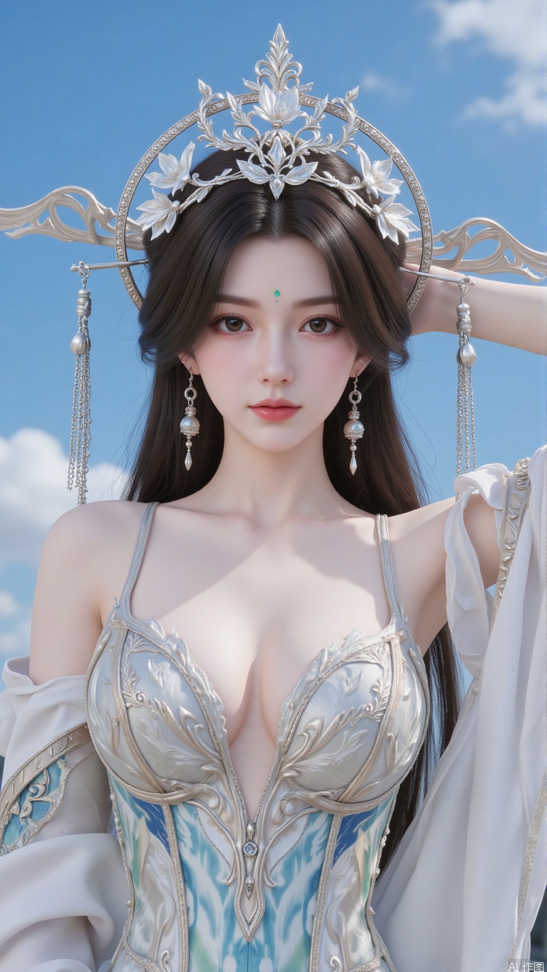 Very detailed face, extremely detailed eyes and face, (vacuum), 8K wallpaper, light leak, beautiful and detailed girl, extremely detailed CGUnity8K wallpaper, an extremely detailed and beautiful, beautiful and detailed eyes, masterpiece, best quality, Real photo level, (frontal shooting panoramic perspective), ( (Full body photo)), dynamic angle, dynamic pose, solo, ancient style silver hairpin with petals, blue sky and white clouds, (C cup), (huge round breasts), slender legs, super good figure, stunning beauty, (whole body in the mirror) , (wearing Lolita nightgown), (light reflects the shadow of the body through the clothes),vacuum,bare and smooth
