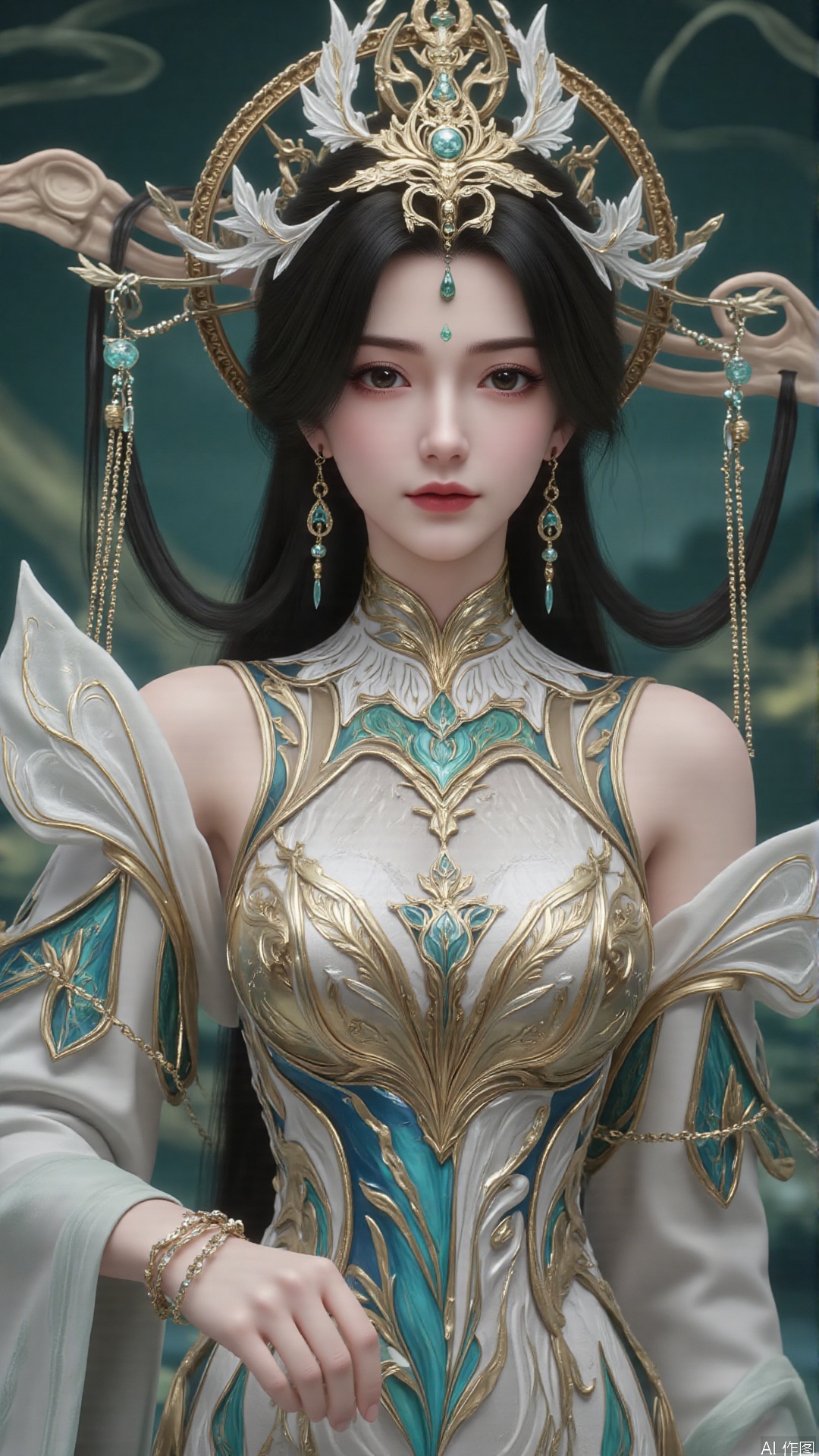 masterpiece,best quality,1girl, black hair, solo, dress, long hair, jewelry, earrings, forehead mark, facial mark, hair ornament, looking at viewer, chinese clothes, hair rings, cowboy shot