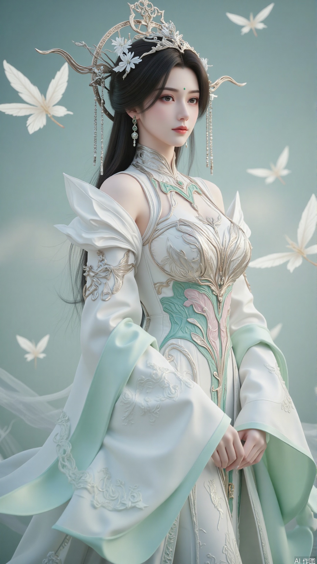 (Best quality, 8K resolution, masterpiece, top quality, surreal style, high definition, dynamic 3D, 1 charming female, long hair dyed in mint green and pale pink gradient colors, complex jade earrings, floral themed headdress in silk texture, flowing white Hanfu with silver embroidered auspicious clouds, elegantly fluttered, a delicate and gentle yet determined face, fine embroidered details, a calm expression, floating seemingly glowing translucent feathers, creating a dreamy and extraordinary feeling, soft pastel palette, soft, diffuse light, an elegant and mysterious atmosphere focused on the girl, mint green and pale pink and white, foreground girl, mid-scene floating feathers)
