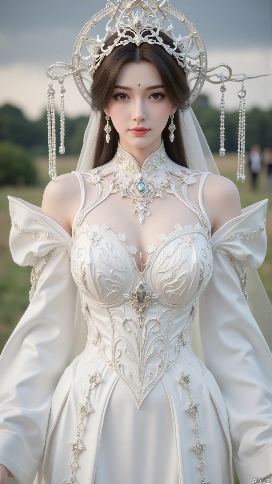1girl, white wedding dress,looking at viewer, mischevious smile, perfect body, scenery, sharp focus, best quality, masterpiece, detailed outfit, illustration, perfect eyes, finely detailed beautiful anime eyes, realistic skin, intricate details, best lighting, depth of field, ultra high resolution, cowboy_shot, bride