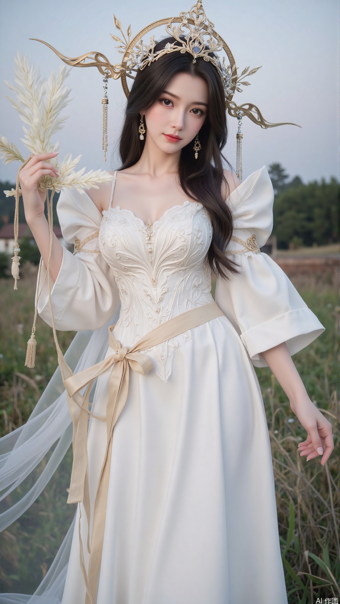 1girl, white wedding dress,looking at viewer, mischevious smile, perfect body, scenery, sharp focus, best quality, masterpiece, detailed outfit, illustration, perfect eyes, finely detailed beautiful anime eyes, realistic skin, intricate details, best lighting, depth of field, ultra high resolution, cowboy_shot, bride
