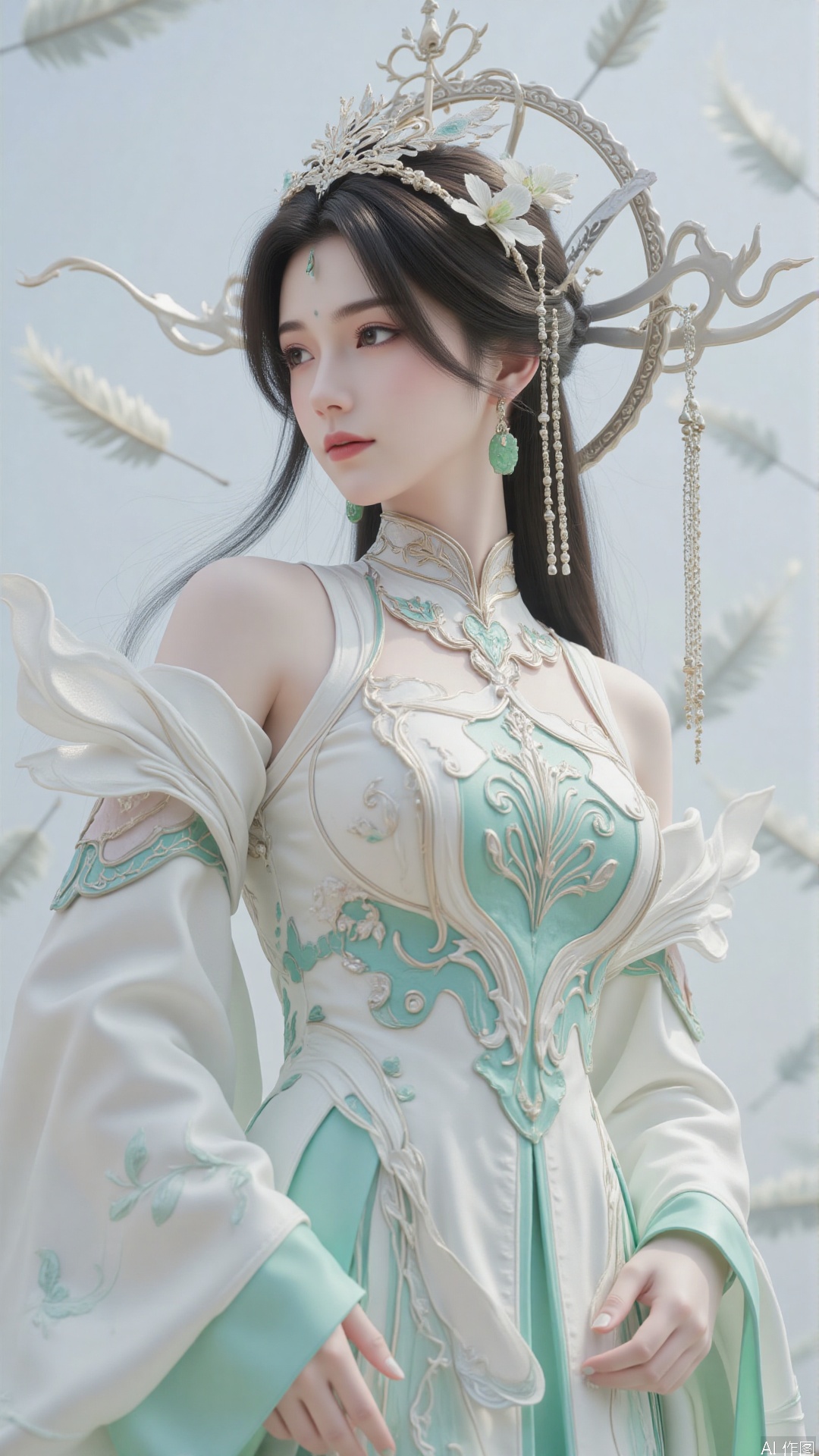 (Best quality, 8K resolution, masterpiece, top quality, surreal style, high definition, dynamic 3D, 1 charming female, long hair dyed in mint green and pale pink gradient colors, complex jade earrings, floral themed headdress in silk texture, flowing white Hanfu with silver embroidered auspicious clouds, elegantly fluttered, a delicate and gentle yet determined face, fine embroidered details, a calm expression, floating seemingly glowing translucent feathers, creating a dreamy and extraordinary feeling, soft pastel palette, soft, diffuse light, an elegant and mysterious atmosphere focused on the girl, mint green and pale pink and white, foreground girl, mid-scene floating feathers)
