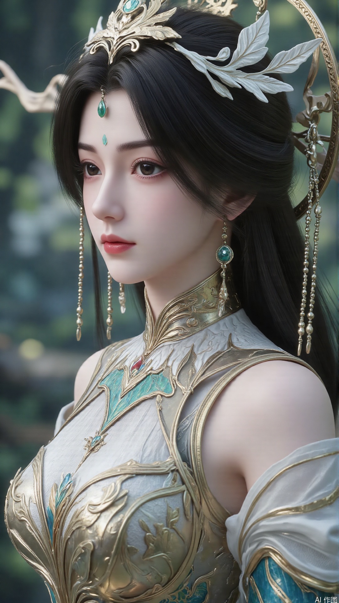 masterpiece,best quality,1girl, black hair, solo, dress, long hair, jewelry, earrings, forehead mark, facial mark, hair ornament, looking at viewer, chinese clothes, hair rings, cowboy shot