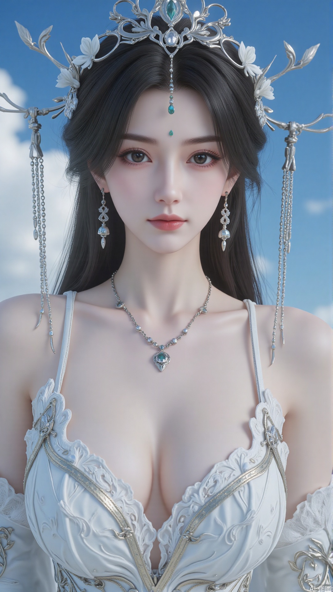 Very detailed face, extremely detailed eyes and face, (vacuum), 8K wallpaper, light leak, beautiful and detailed girl, extremely detailed CGUnity8K wallpaper, an extremely detailed and beautiful, beautiful and detailed eyes, masterpiece, best quality, Real photo level, (frontal shooting panoramic perspective), ( (Full body photo)), dynamic angle, dynamic pose, solo, ancient style silver hairpin with petals, blue sky and white clouds, (C cup), (huge round breasts), slender legs, super good figure, stunning beauty, (whole body in the mirror) , (wearing Lolita nightgown), (light reflects the shadow of the body through the clothes),vacuum,bare and smooth