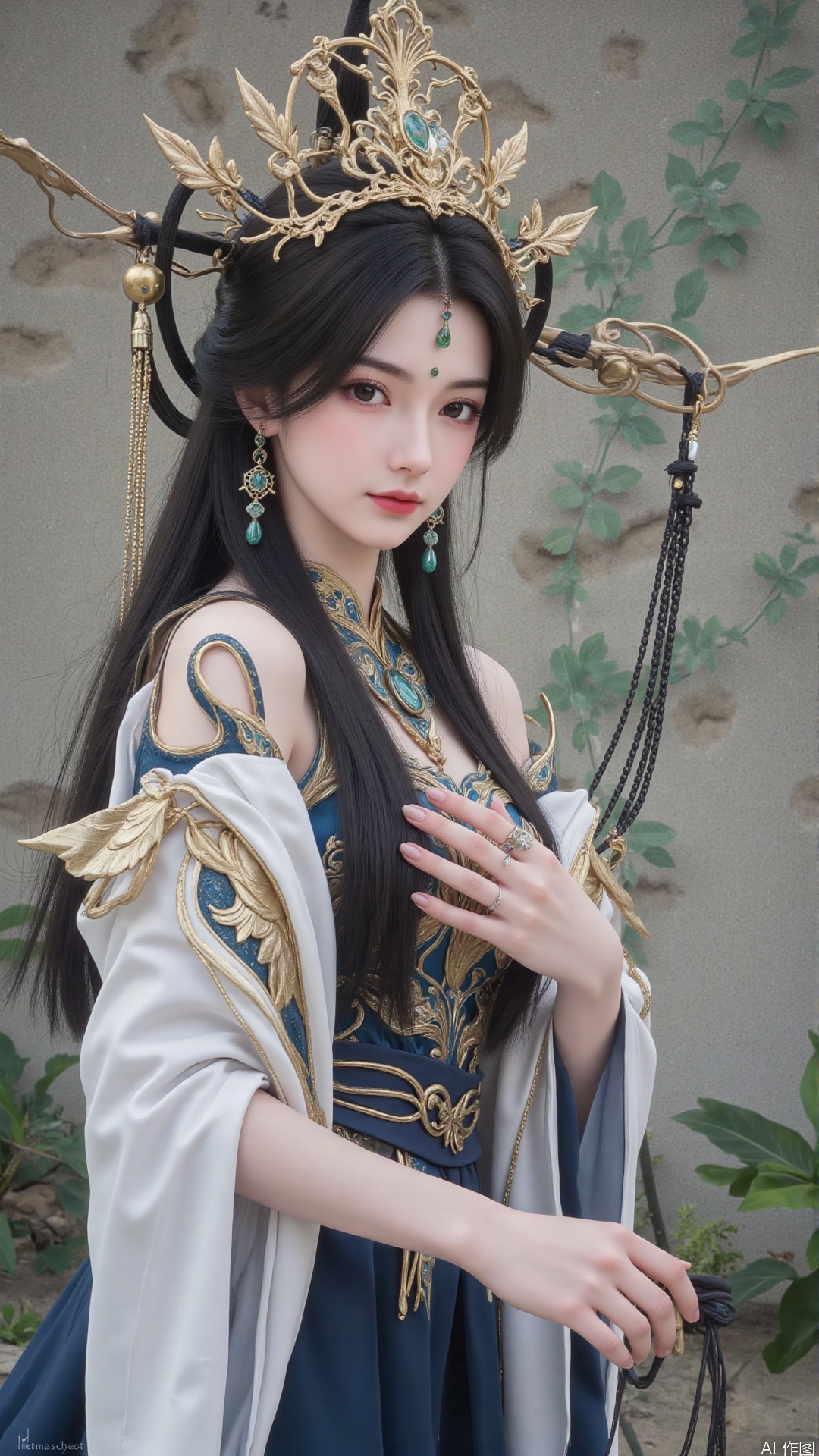 masterpiece,best quality,1girl, black hair, solo, dress, long hair, jewelry, earrings, forehead mark, facial mark, hair ornament, looking at viewer, chinese clothes, hair rings, cowboy shot