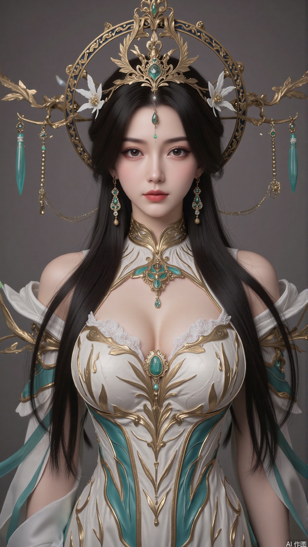 masterpiece,best quality,1girl, black hair, solo, dress, long hair, jewelry, earrings, forehead mark, facial mark, hair ornament, looking at viewer, hair rings, cowboy shot