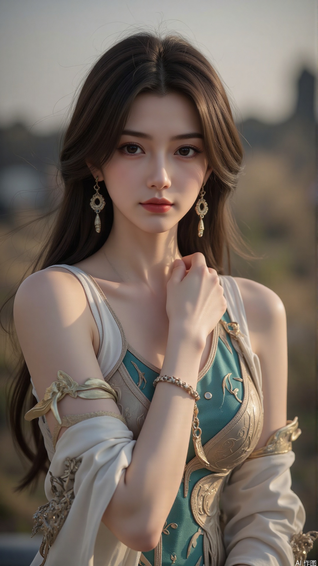  a asian woman, sexy long hair, charming and seductive temperament, distant close-up, golden ratio, movie texture, minimalism, high-end feeling, strong contrast between cold and warm, outdoor scenes, 