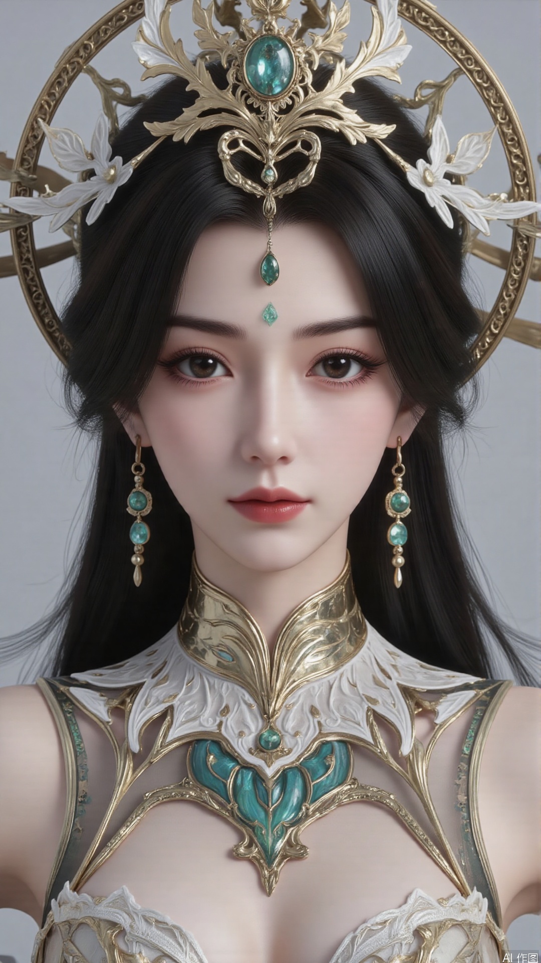 masterpiece,best quality,1girl, black hair, solo, dress, long hair, jewelry, earrings, forehead mark, facial mark, hair ornament, looking at viewer, chinese clothes, hair rings, cowboy shot
