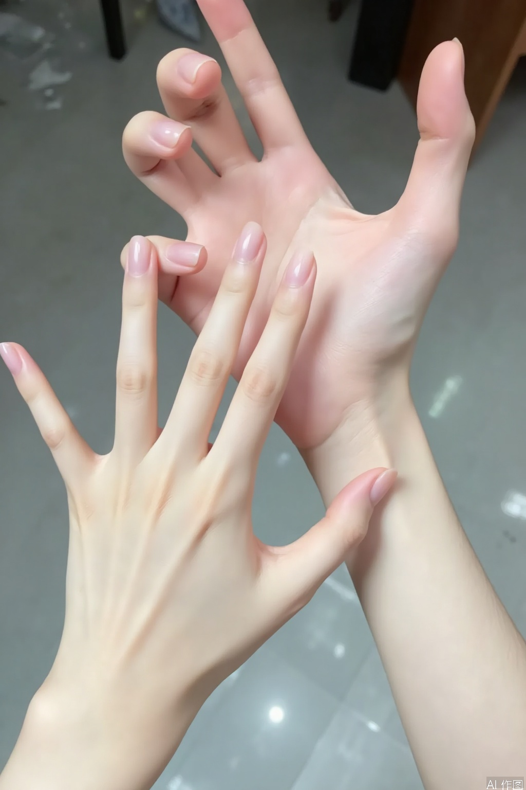 Hands with fair skin, smooth joint lines, delicate skin on the hands, presenting a soft and fair color, slender fingers, realistic nails, close-up, details