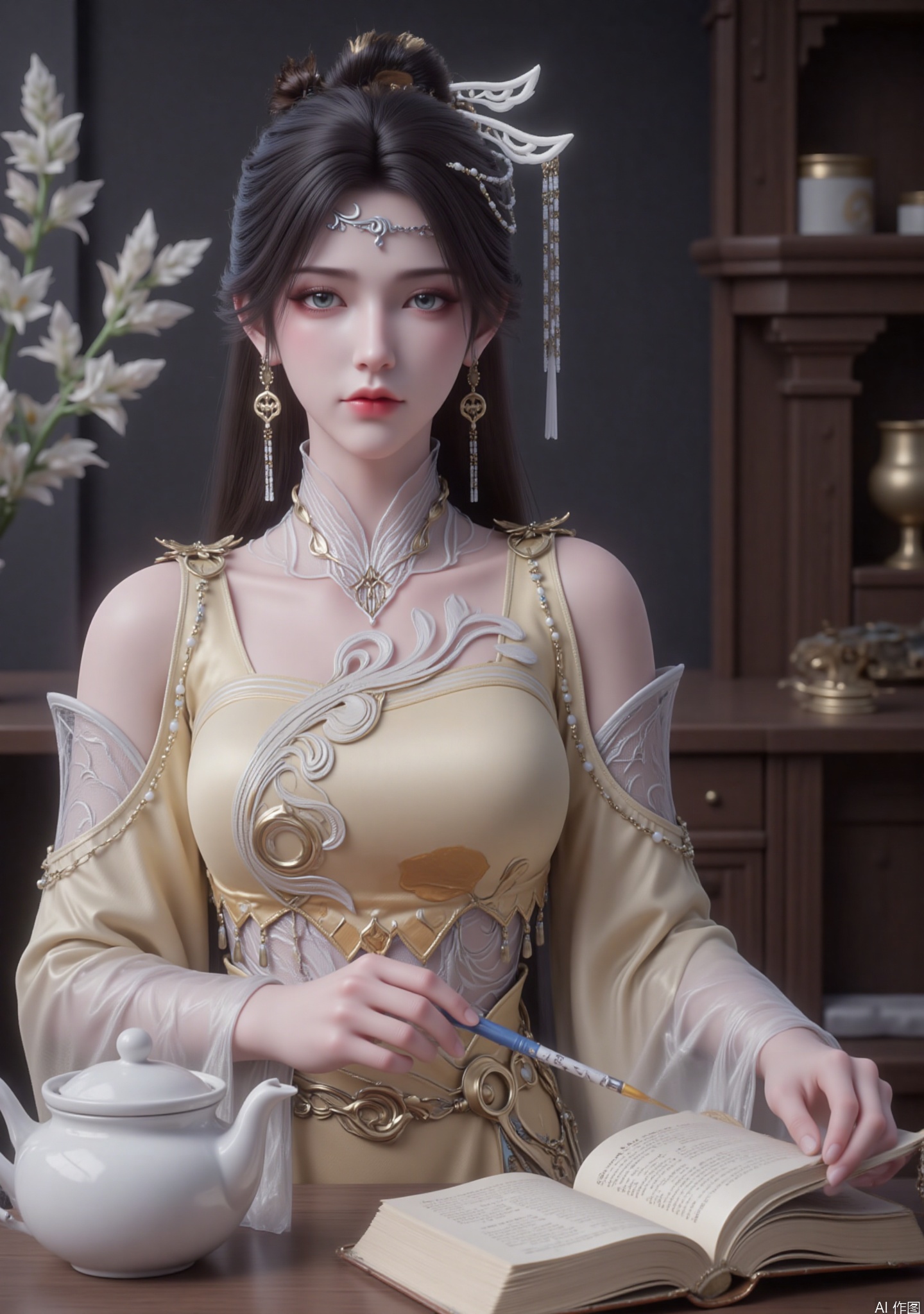 The picture depicts a character in a beautiful fantasy style costume. The character wears a golden and white dress with intricate patterns and designs, including leaf-like patterns and gorgeous details. The character also wears a headdress decorated with white feathers and gold decorations. The character's costume includes a necklace with a pendant and matching earrings. The character's hair is styled with headbands and other decorative elements.

She held a brush in her hand and placed one hand on the opened ancient books. There was a white teapot on the table. The lights in the background were soft, with white flowers and wooden furnishings, creating a gentle and quiet classical atmosphere as a whole, as if she was a talented woman reciting poems and paintings in the study.
