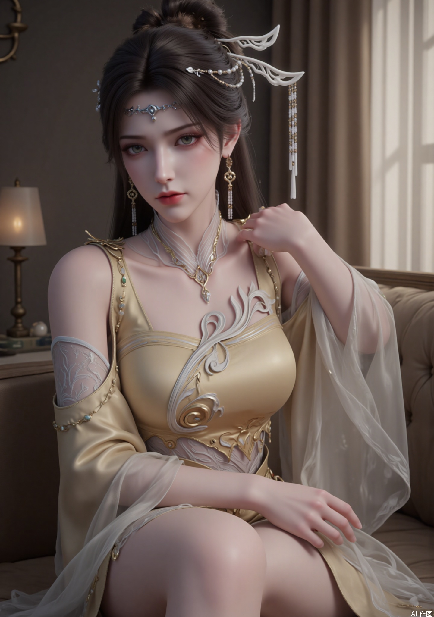 The picture depicts a character in a beautiful fantasy style costume. The character wears a golden and white dress with intricate patterns and designs, including leaf-like patterns and gorgeous details. The character also wears a headdress decorated with white feathers and gold decorations. The character's costume includes a necklace with a pendant and matching earrings. The character's hair is styled with headbands and other decorative elements.

The woman's legs are tied together and bent her knees, put one hand on her legs naturally, and the other hand is lightly placed on her shoulders. She leans forward slightly, and her head turns slightly to look at the camera, with a relaxed and natural posture.
The light is soft, presenting a warm interior atmosphere. The light shines from the upper right side of the picture, forming a natural transition of light and dark on the woman's body, highlighting the facial contours and body lines, giving people a sense of warmth and comfort.
It has a realistic style, with delicate details of the characters, from the texture of the hair, the folds of the clothes to the texture of the skin. The overall color is soft and elegant, creating a quiet and comfortable home atmosphere.