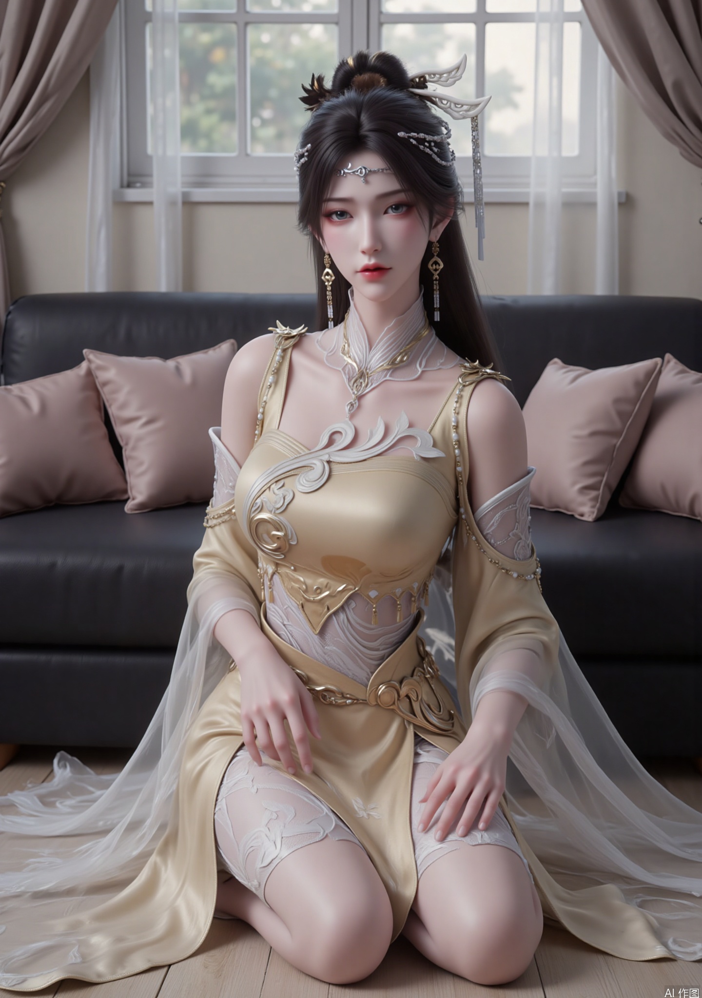 The picture depicts a character in a beautiful fantasy style costume. The character wears a golden and white dress with intricate patterns and designs, including leaf-like patterns and gorgeous details. The character also wears a headdress decorated with white feathers and gold decorations. The character's costume includes a necklace with a pendant and matching earrings. The character's hair is styled with headbands and other decorative elements.

She sat on the ground with plush blankets, her legs overlapping and her posture relaxed. Behind me is a dark sofa with several soft-colored pillows placed on the sofa. The windows and curtains can be seen in the background, and soft light is poured through the windows, creating a warm and comfortable home atmosphere. The overall picture has a delicate texture and natural light and shadow effects, giving people a warm and quiet feeling.