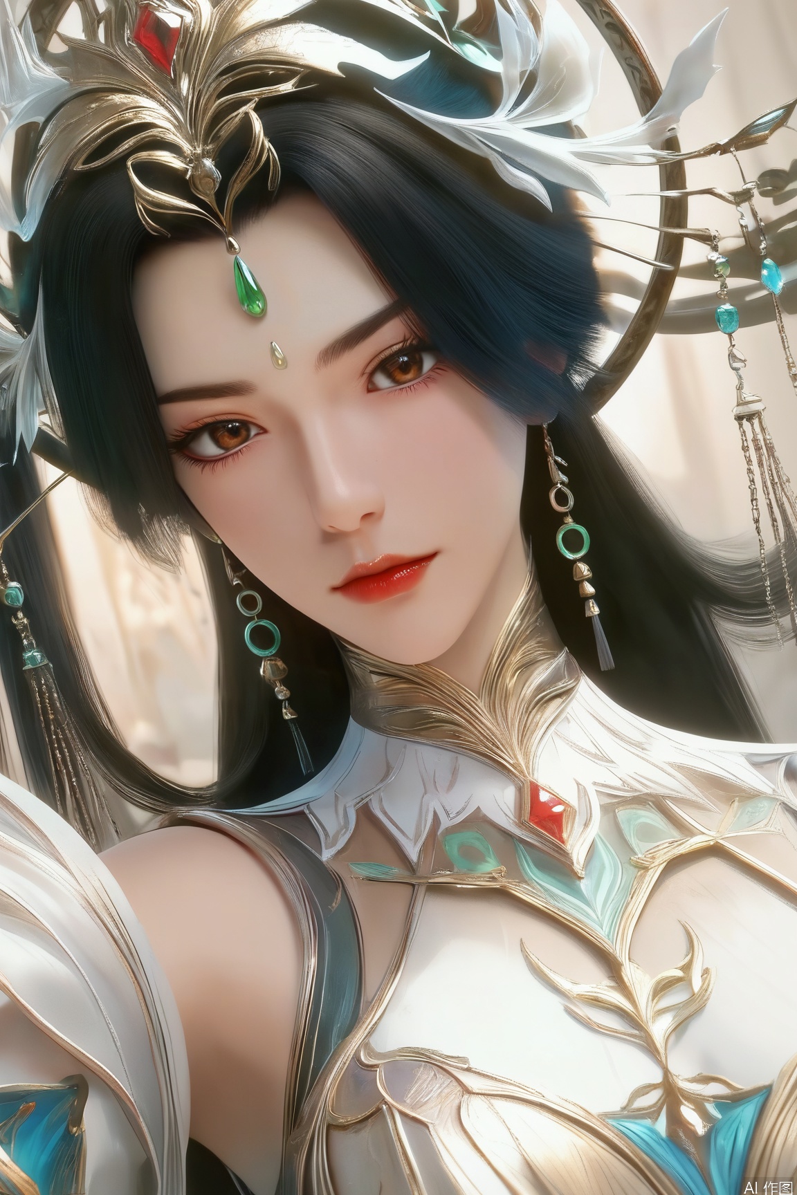 score_9_up,score_8_up,score_7_up,(Masterpiece, Best Quality, High Resolution, 8K Raw),absurdres, highres, Expressiveh,illustration,CG, 
1girl, solo, long hair, looking at viewer, black hair, brown eyes, jewelry, earrings, lips, eyelashes, makeup, gem, portrait, red lips