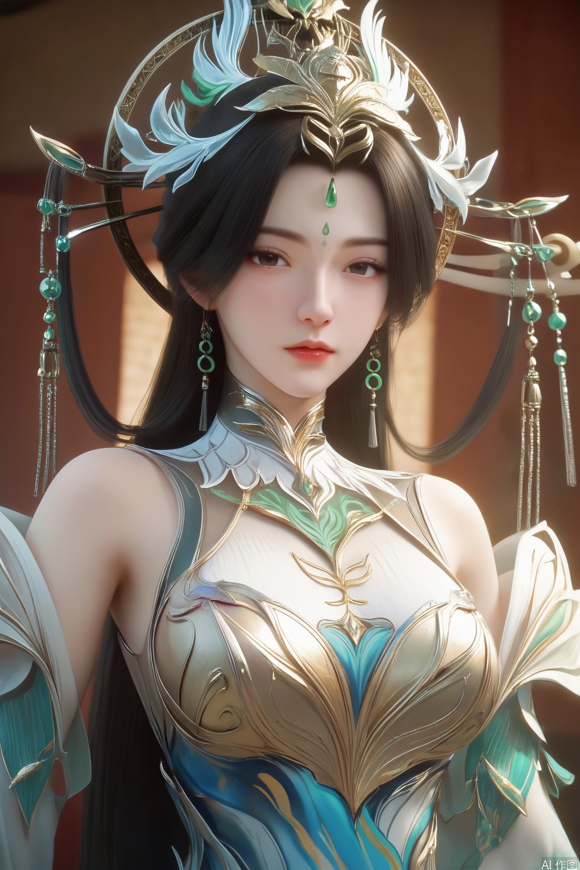 score_9_up,score_8_up,score_7_up,(Masterpiece, Best Quality, High Resolution, 8K Raw),absurdres, highres, Expressiveh,illustration,CG, 
1girl, solo, long hair, looking at viewer, brown hair, black hair, hair ornament, dress, bare shoulders, jewelry, upper body, earrings, indoors, forehead mark,Chinese style,Chinese ancient architecture,