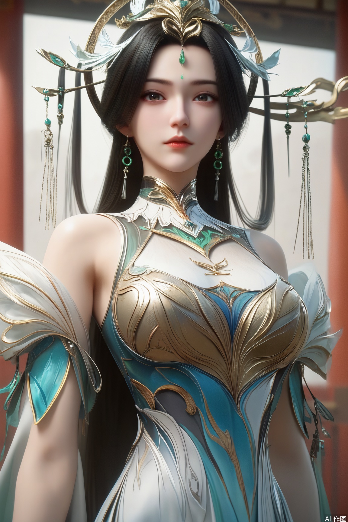 score_9_up,score_8_up,score_7_up,(Masterpiece, Best Quality, High Resolution, 8K Raw),absurdres, highres, Expressiveh,illustration,CG, 
1girl, solo, long hair, looking at viewer, brown hair, black hair, hair ornament, dress, bare shoulders, jewelry, upper body, earrings, indoors,Chinese style,Chinese ancient architecture,