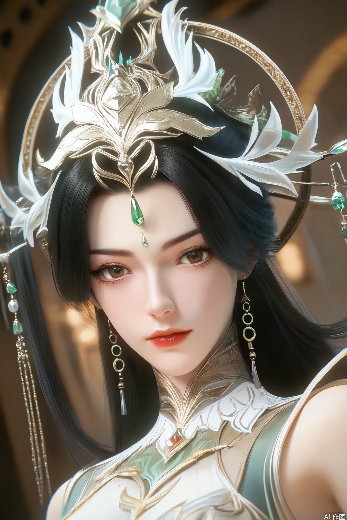 score_9_up,score_8_up,score_7_up,(Masterpiece, Best Quality, High Resolution, 8K Raw),absurdres, highres, Expressiveh,illustration,CG, 
1girl, solo, long hair, looking at viewer, black hair, brown eyes, jewelry, earrings, lips, eyelashes, makeup, gem, portrait, red lips