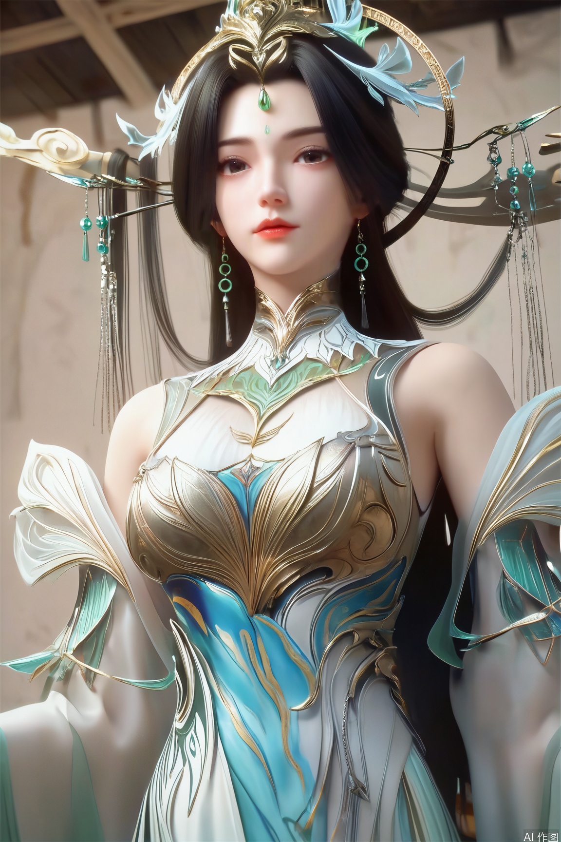 score_9_up,score_8_up,score_7_up,(Masterpiece, Best Quality, High Resolution, 8K Raw),absurdres, highres, Expressiveh,illustration,CG, 
1girl, solo, long hair, looking at viewer, brown hair, black hair, hair ornament, dress, bare shoulders, jewelry, upper body, earrings, indoors,Chinese style,Chinese ancient architecture,