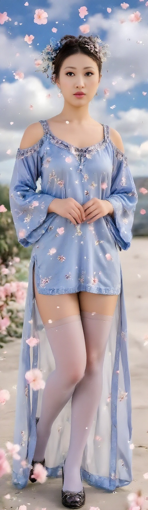 Top quality. Image content: A full-body portrait of a solitary young woman,  gazing at the viewer. She has a clean,  short...