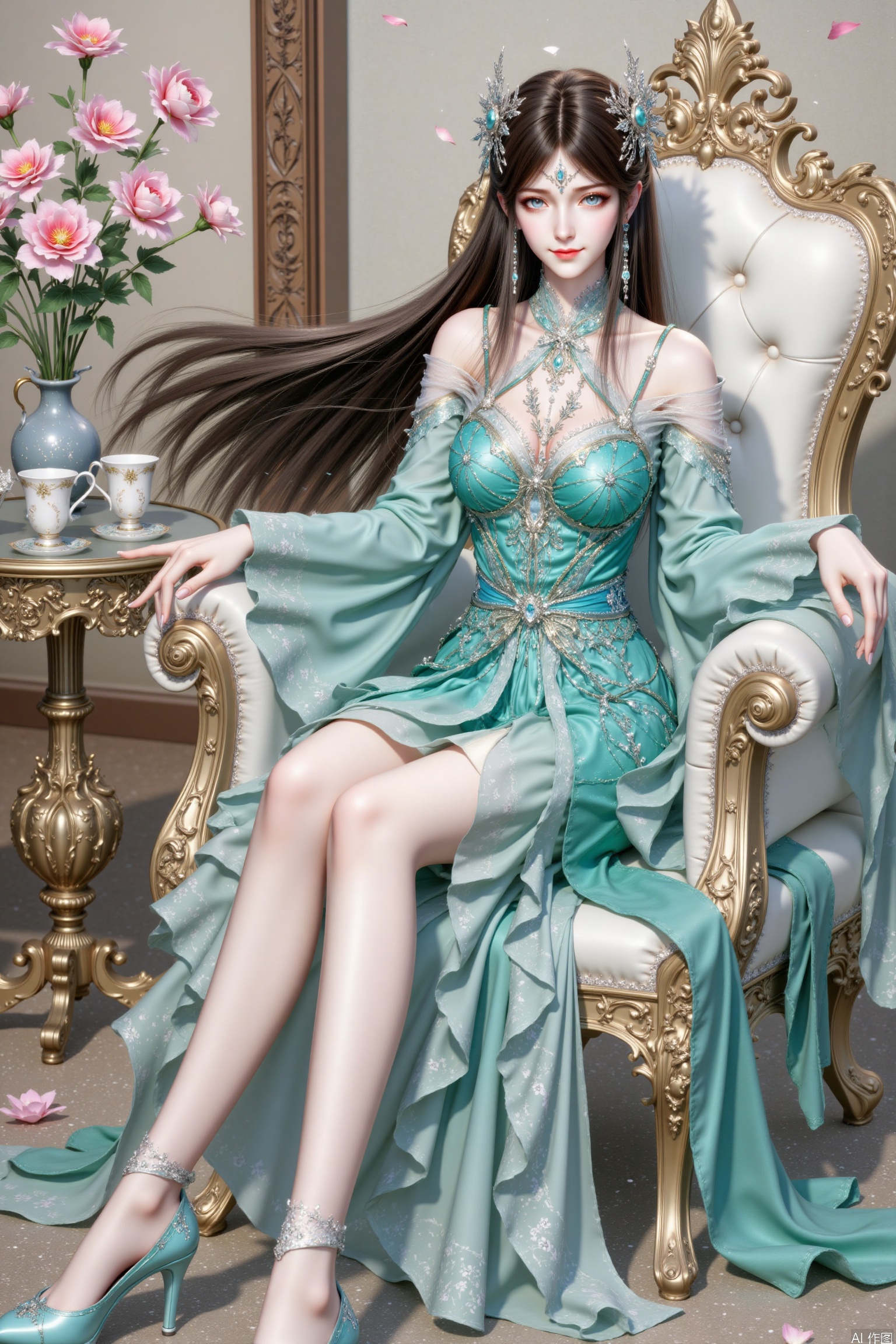 1 girl, solo, long hair, smile, blue eyes, brown hair, hair accessories, dress, jewelry, flowers, ears, high heels, bare legs, green dress. Long legs, noble, elegant, sitting, with the demeanor of a queen. Sitting on the throne, next to a small table with cups and vases, sexy, noble feeling, shallow smile, simple background, living room background.