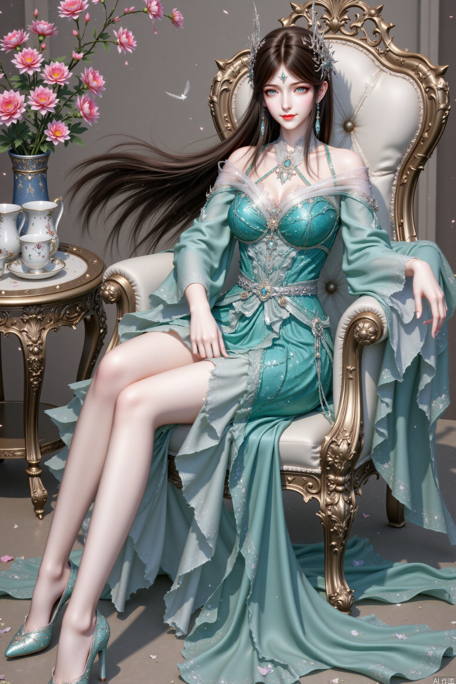 1 girl, solo, long hair, smile, blue eyes, brown hair, hair accessories, dress, jewelry, flowers, ears, high heels, bare legs, green dress. Long legs, noble, elegant, sitting, with the demeanor of a queen. Sitting on the throne, next to a small table with cups and vases, sexy, noble feeling, shallow smile, simple background, living room background.