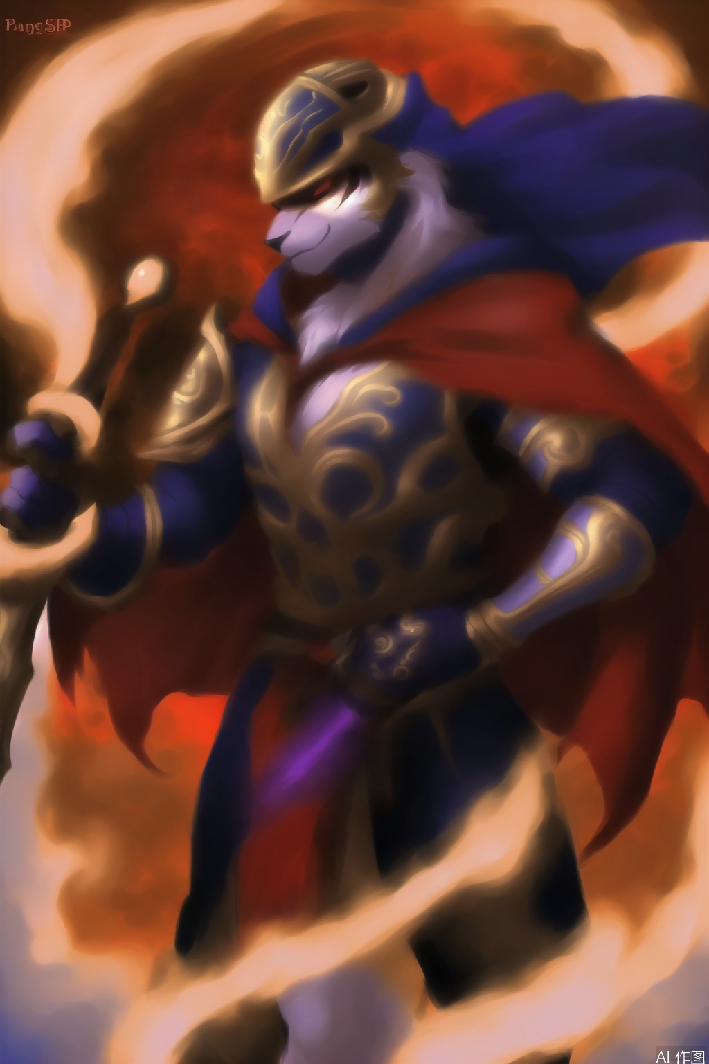 The image depicts a fantasy character with a tiger-like appearance, standing against a sunset background. The character is adorned in elaborate armor with intricate designs, primarily in shades of blue and gold. The armor features circular red accents on the chest and arms, and the character wields a staff with a twisted, ornate design. The character also has a flowing purple cape and is holding a smaller, similarly styled object in one hand. The character's face is partially obscured by a helmet, and there is a swirling, glowing effect emanating from the character's left hand. The overall aesthetic is highly detailed and fantastical, with a focus on mystical and powerful elements.tiger furry,character:PangSP