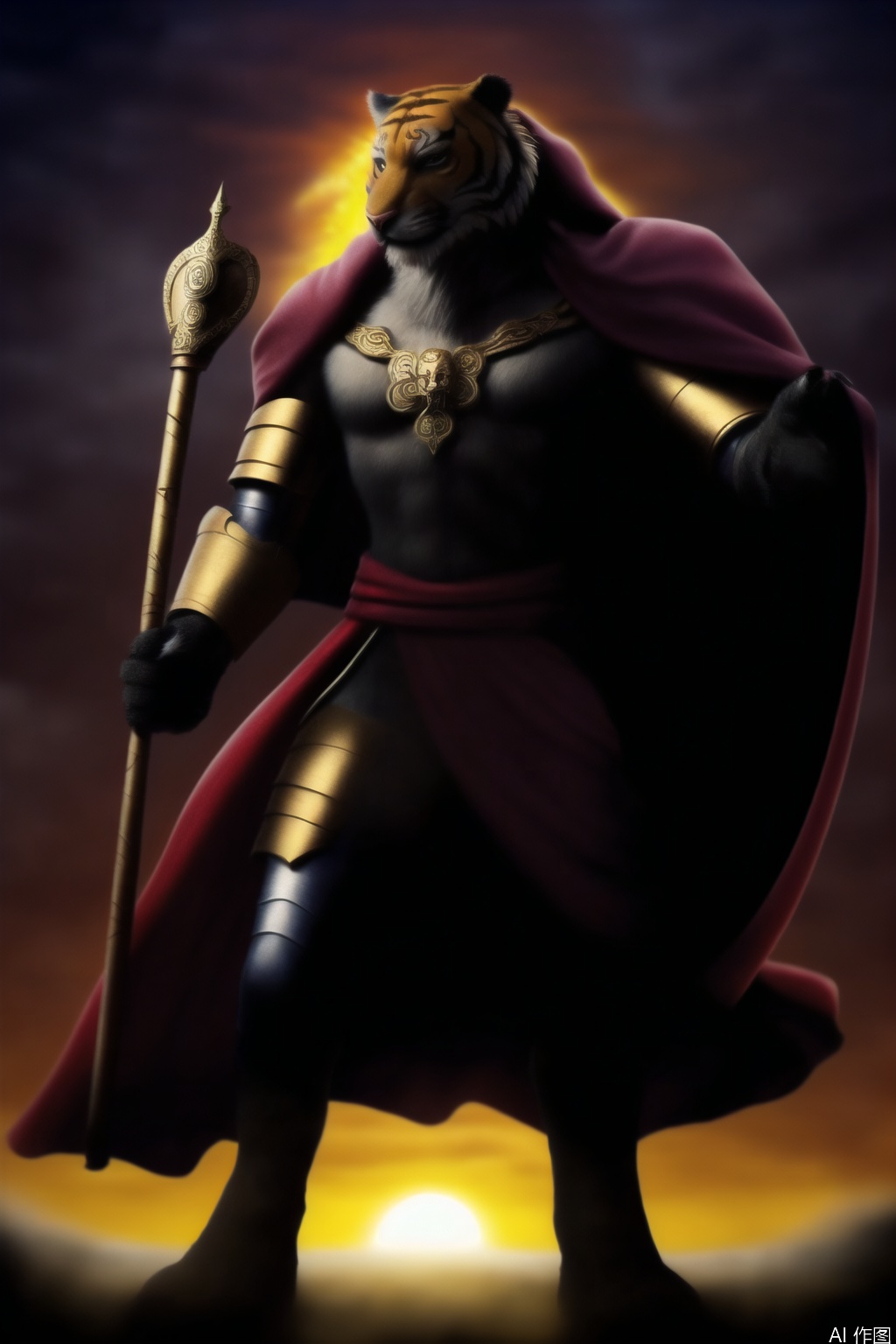 The image depicts a fantasy character with a tiger-like appearance, standing against a sunset background. The character is adorned in elaborate armor with intricate designs, primarily in shades of blue and gold. The armor features circular red accents on the chest and arms, and the character wields a staff with a twisted, ornate design. The character also has a flowing purple cape and is holding a smaller, similarly styled object in one hand. The character's face is partially obscured by a helmet, and there is a swirling, glowing effect emanating from the character's left hand. The overall aesthetic is highly detailed and fantastical, with a focus on mystical and powerful elements.tiger furry,character:PangSP