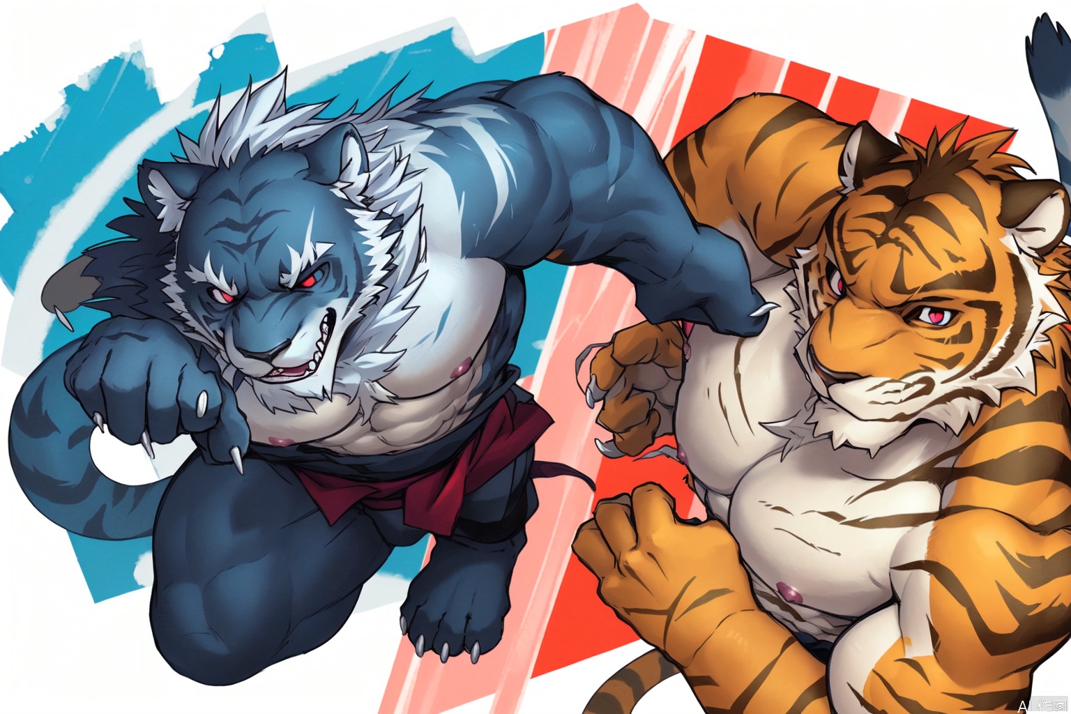 long hair, red eyes, animal ears, nipples, green eyes on orange tiger,red eyes on black tiger, white hair, male focus, thighs, cock in hole, multiple boys, 2boys, stomach, muscular, scar, thick thighs, abs, thick eyebrows, pectorals, muscular male, bara, scar on face, furry, colored sclera, large pectorals, scar across eye, battle, furry male, tiger ears, white fur, tiger tail, pillar, whiskers, tiger boy, orange fur, green sclera,character:PangSP,character:Pang,tiger boy,furry