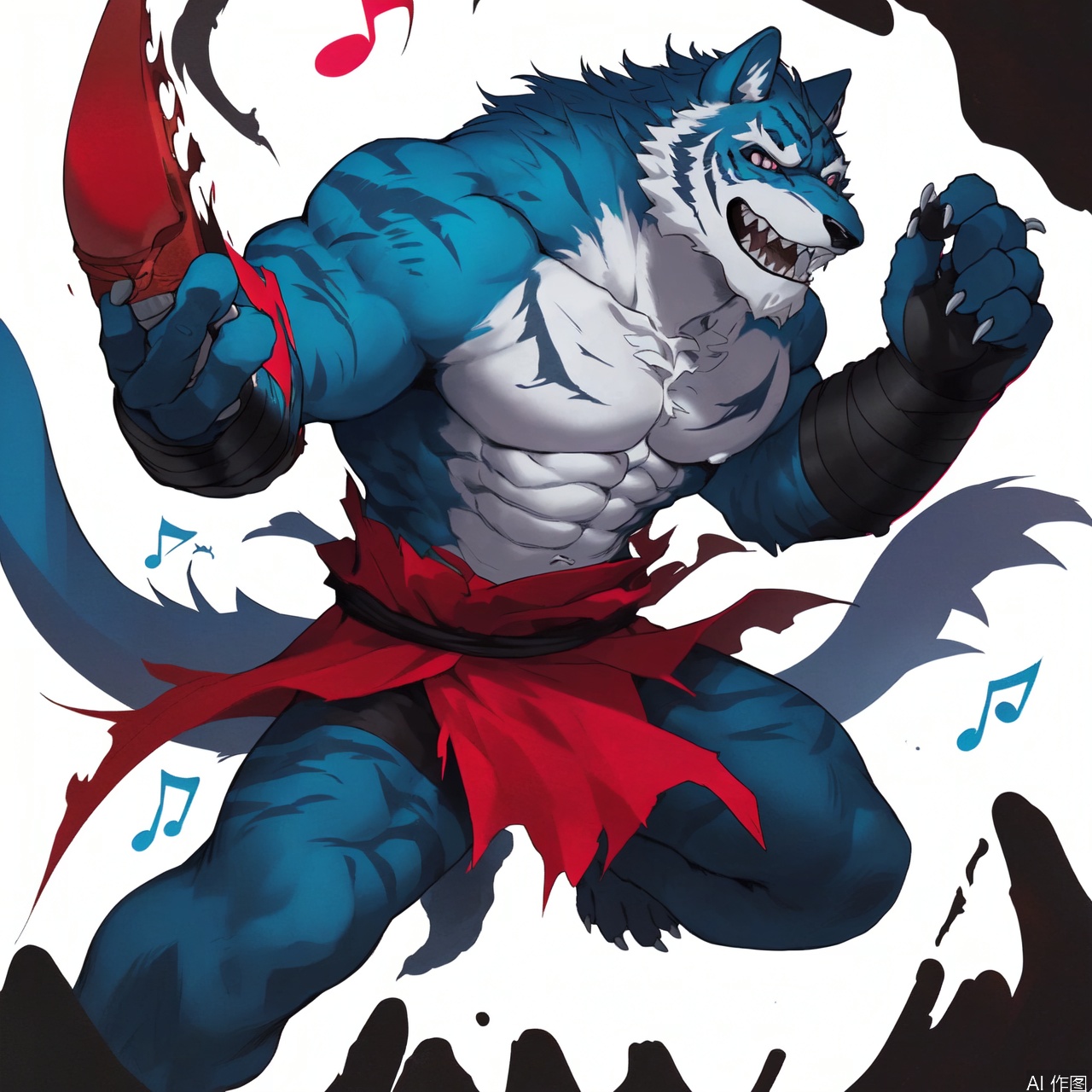 The image depicts a stylized, anthropomorphic wolf-like creature with sharp, angular features and a fierce expression. The creature has white fur with darker, jagged edges, and its eyes are narrowed in a fierce gaze. It is holding a set of spherical objects that appear to be musical instruments, possibly drums or maracas, with pink and purple accents. The background is dark, which contrasts with the vibrant colors of the creature and the instruments. The overall scene has a dynamic and intense atmosphere, suggesting a moment of action or performance.character:PangSP,tiger boy,furry