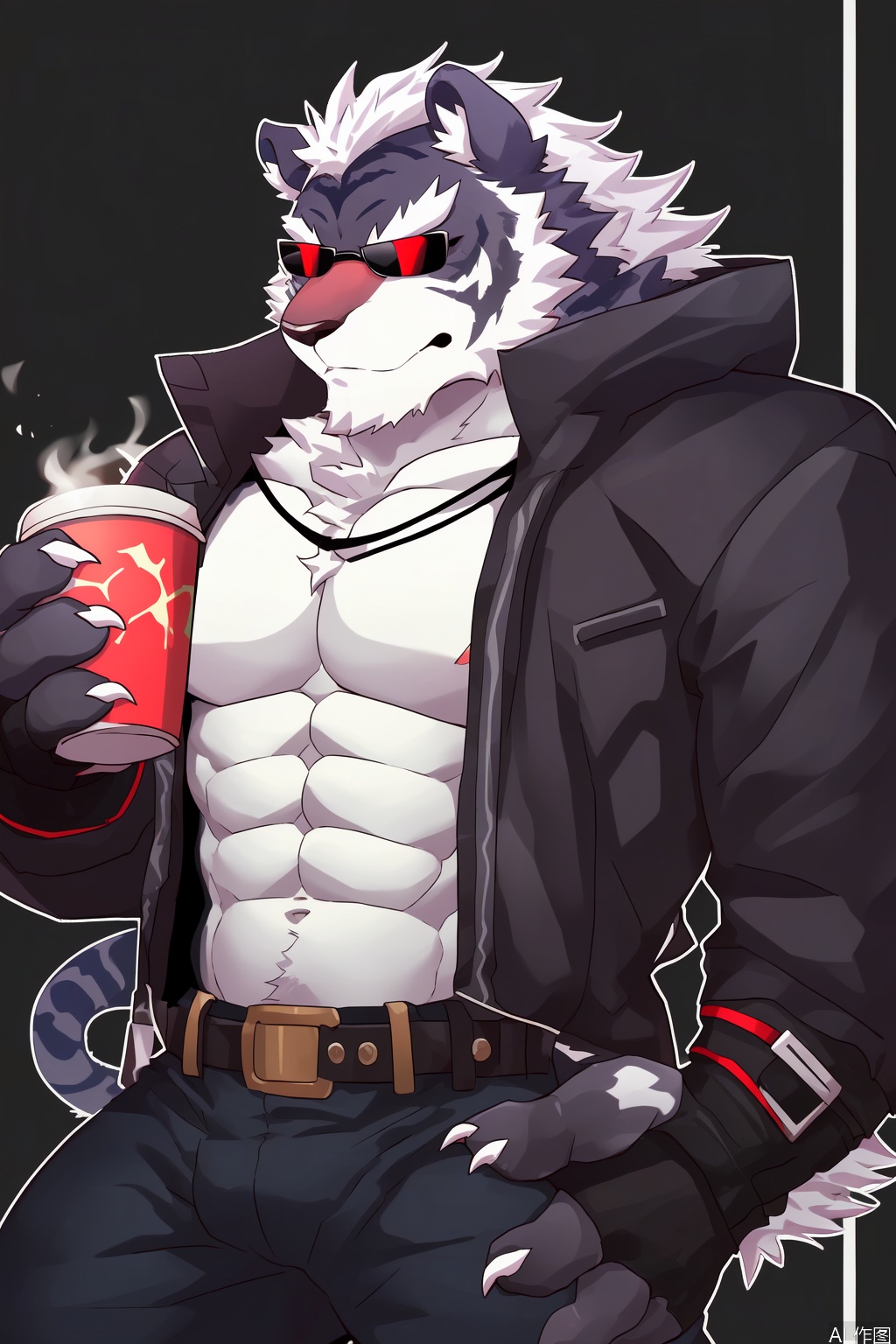solo, short hair, 1boy, navel, holding,red eyes,animal ears, nipples, jacket, tail, white hair, male focus, open clothes, alternate costume, belt, pants, fingerless gloves, stomach, open jacket, cup, muscular, feet out of frame, abs, sunglasses, pectorals, muscular male, holding cup, bara, furry, large pectorals, furry male, tiger ears, disposable cup, bare pectorals, white and black fur, tiger boy,character:PangSP