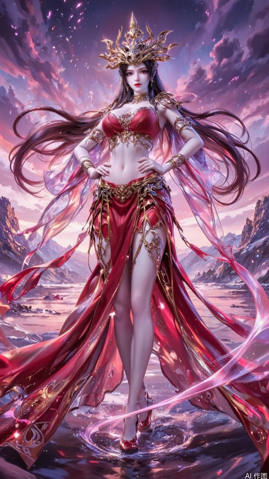 1 girl, solo, brunette, jewelry, full body, clothing cut, long hair, chest, earrings, red skirt, skirt, hair accessories, big breasts, hands on hips, looking at the audience, cleavage, legs exposed, beautiful legs, long legs. Gorgeous, low angle shot, fantasy theme, mysterious atmosphere, magic scene, best quality, 8K resolution, fantasy concept art, movie-level rendering, glowing special effects, soft light filter, silk texture, ambient light reflection, gorgeous silk robe, embroidery pattern, skirt fluttering, long hair dynamic fluttering, exquisite hair accessories classical sense, exquisite decorative patterns, fantasy clouds, layered distant mountain outlines, water wave mirror reflection, ground light effect particles floating, mysterious light source diffusing, cold ambient light and warm decorative light contrast, high saturation fantasy tones, thick coated metal texture, celluloid style clear contour, dynamic blur hair strokes, mysterious symbol dark patterns, translucent luminous energy field, air perspective atomization effect.