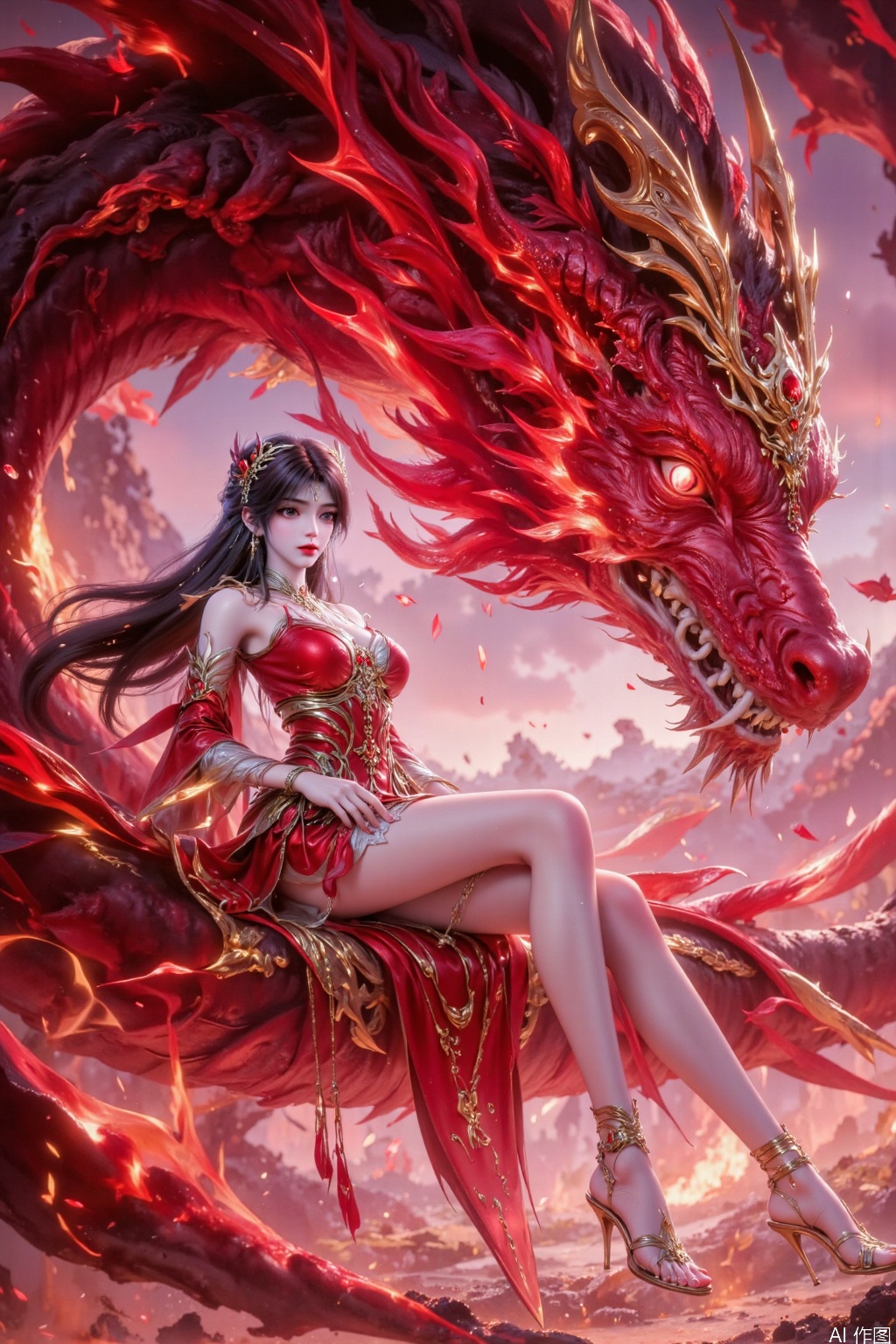 1 girl, solo, sideways, sitting, looking forward, golden embossed breastplate, red silk short skirt, dragon scale pattern metal leg armor, gilded dragon head shoulder guard, red ribbon surround special effect, dark gold hollow waist decoration, blood-colored high heeled shoe strap, gorgeous blonde hair accessories, black long hair dynamic floating, sitting leg curve, red pupil flame red lips, giant red gold dragon beast (gold pattern scale armor/lava vein), dragon claw energy halo, background burning particle special effect, red gold contrast system, metal and silk material comparison, dragon tail streamer dynamic track, long eye red light projection, armor relief pattern is the same as dragon scale, ground lava cracks, floating ash particles, light and shadow levels, fantasy battlefield atmosphere rendering, low angle shooting, dynamic pose, background blur.