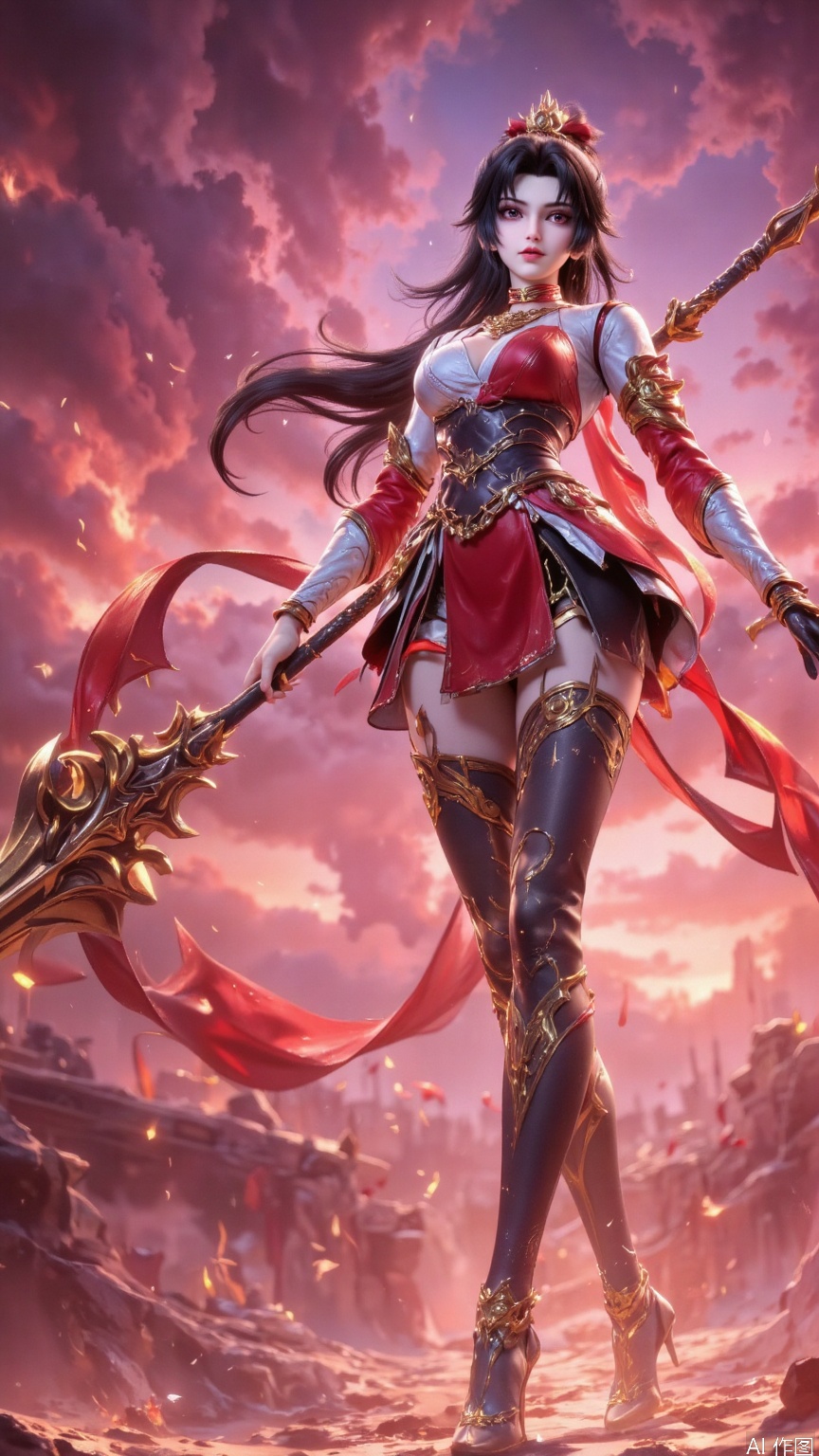 1 girl, solo, with long black hair, ponytail, scattered behind her back like a waterfall, dotted with exquisite golden jewelry, shining with magical light. Her golden sharp eyes exuded strength and determination, and her seductive and confident expression enhanced the feeling. She wore a tight white and red combat suit with intricate metal patterns that showed her toned and athlete-like figure, emphasizing her bare shoulders and a touch of waist. Her outfit is decorated with glowing reds and gold accents. Her legs were wearing black, thigh-high stockings with gold lace on them and her feet were wearing high heels with metallic shiny heels, adding a hint of elegance and seduction to her appearance. She was holding a spear with a huge spear in her right hand, which was tilted downward due to its own weight. Look directly at the audience, face the audience, get close to the audience, shoot at low angles. Set in a mysterious and dreamy environment, below is a glowing battlefield surrounded by swirling clouds of fire and light, the sky is painted with fiery red, orange and purple gradients, and the faintly glowing stardust adds to this magical atmosphere. gorgeous.