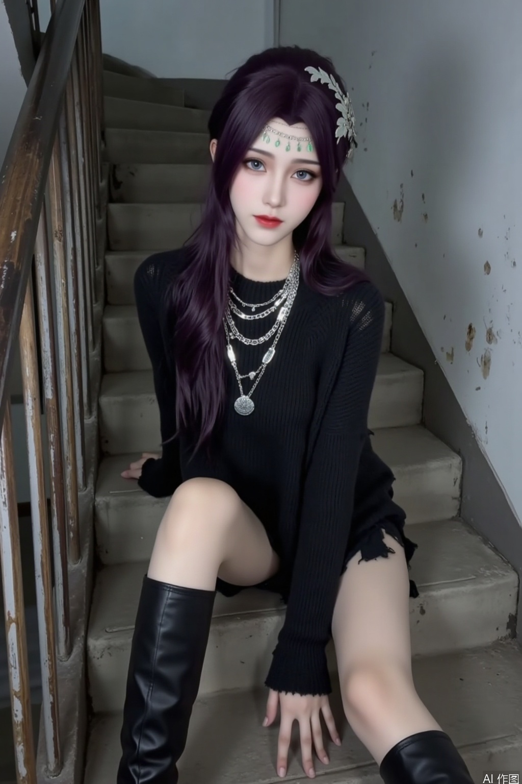 In a gray white staircase, a woman exuding unique charm sits quietly.
Her hair is a deep and charming deep purple color, with a soft and natural luster, and a rich amount of hair that falls freely on her shoulders. On one side of the hair, there is a intricately designed silver hair accessory with several green gemstones embedded, shimmering faintly in the dim staircase, adding a touch of mystery to the overall look. She wore a metallic ornament on her forehead, which was woven from thin metal chains and hung with some small chain decorations below, gently swaying with her movements.
Her makeup is highly personalized. The eyebrows are carefully depicted in a slender and slightly raised shape, highlighting a cold and proud temperament. A pair of eyes are deeply and spiritually decorated with exquisite eye makeup. The eye shadow adopts a dark color system to enhance the three-dimensional sense of the eyes. Thick and curled eyelashes make your eyes brighter and more captivating. Her lips were painted with bright red lipstick, which stood out in the overall dark style and added a touch of vibrant color to her.
In terms of clothing, she is wearing a black knitted top with natural frayed edges, giving a rebellious feeling. The material of the clothes looks soft and textured, and the tight cut perfectly outlines her body curves. Paired with a black short skirt, the length of the skirt is faintly visible due to the sitting posture. On her feet are a pair of black knee high boots with a simple and elegant design. The heels have a certain height, which increases her height and aura.
She wears multiple silver necklaces around her neck, with different styles of necklaces. Some have fine chains paired with delicate pendants, while others have thick chains stacked on top of each other. These necklaces add rich layers and a sense of fashion to the overall look.
The entire scene is set against a gray and white staircase, with the handrails and steps appearing somewhat outdated. There are some mottled marks on the walls, creating a slightly decadent and mysterious atmosphere that complements the dark attire of the woman.