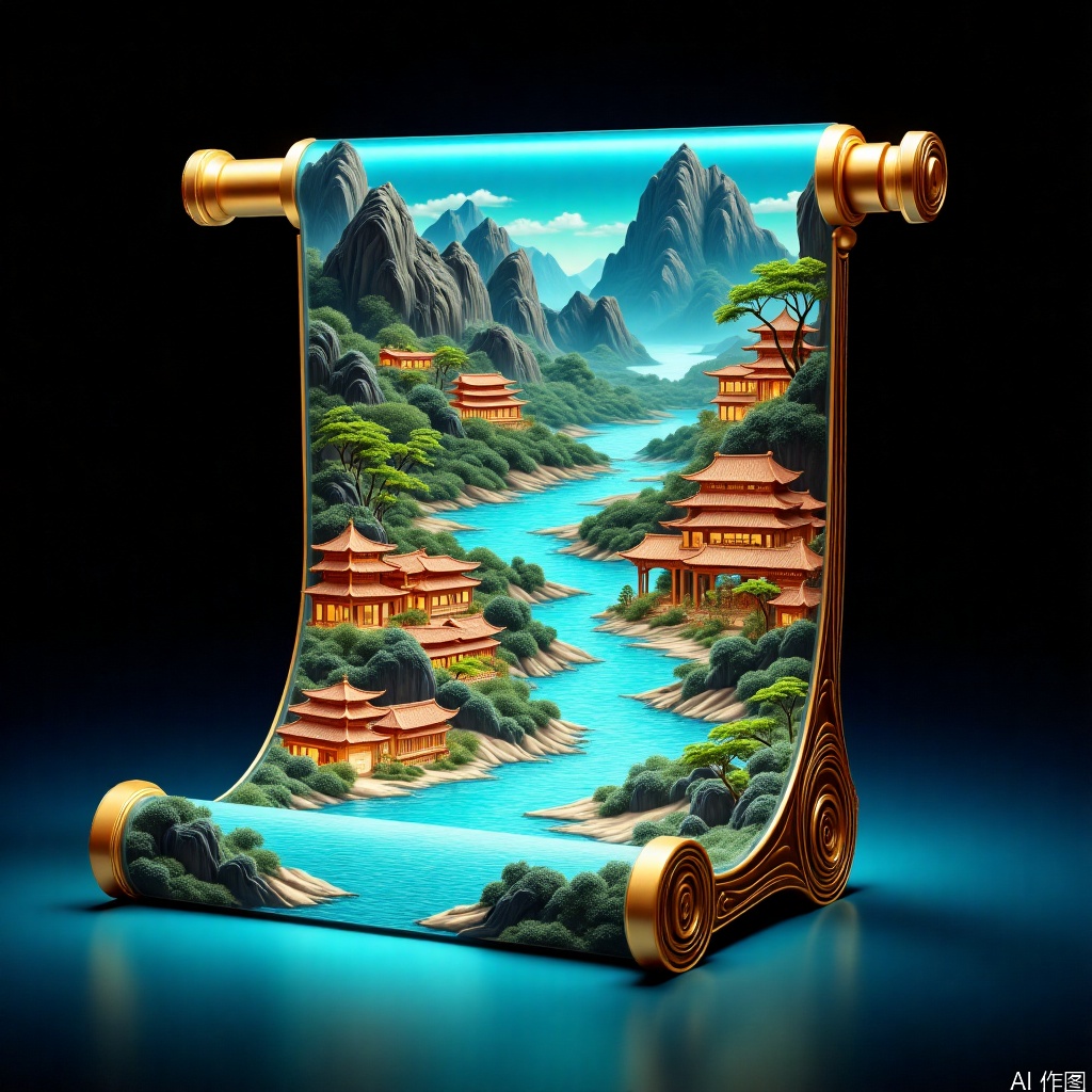 Scroll holographic art painting, retro landscape architecture