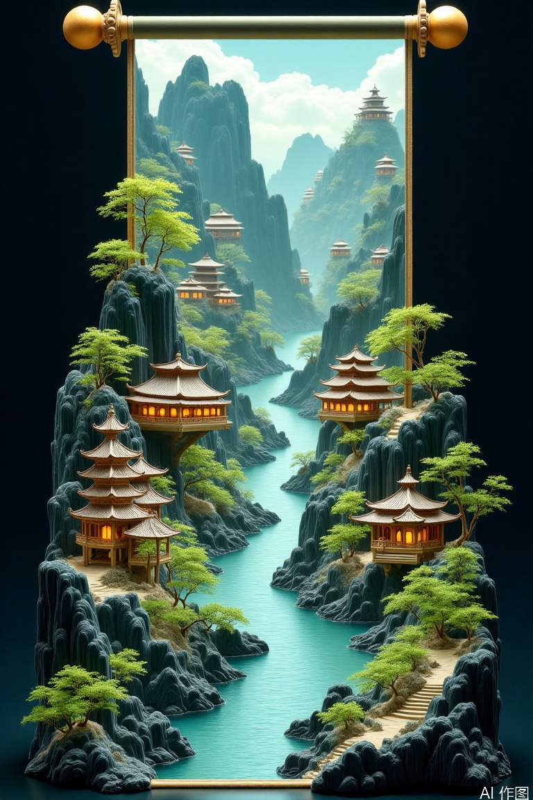 Scenery, landscape, ancient buildings, dreamy, Scroll holographic art painting