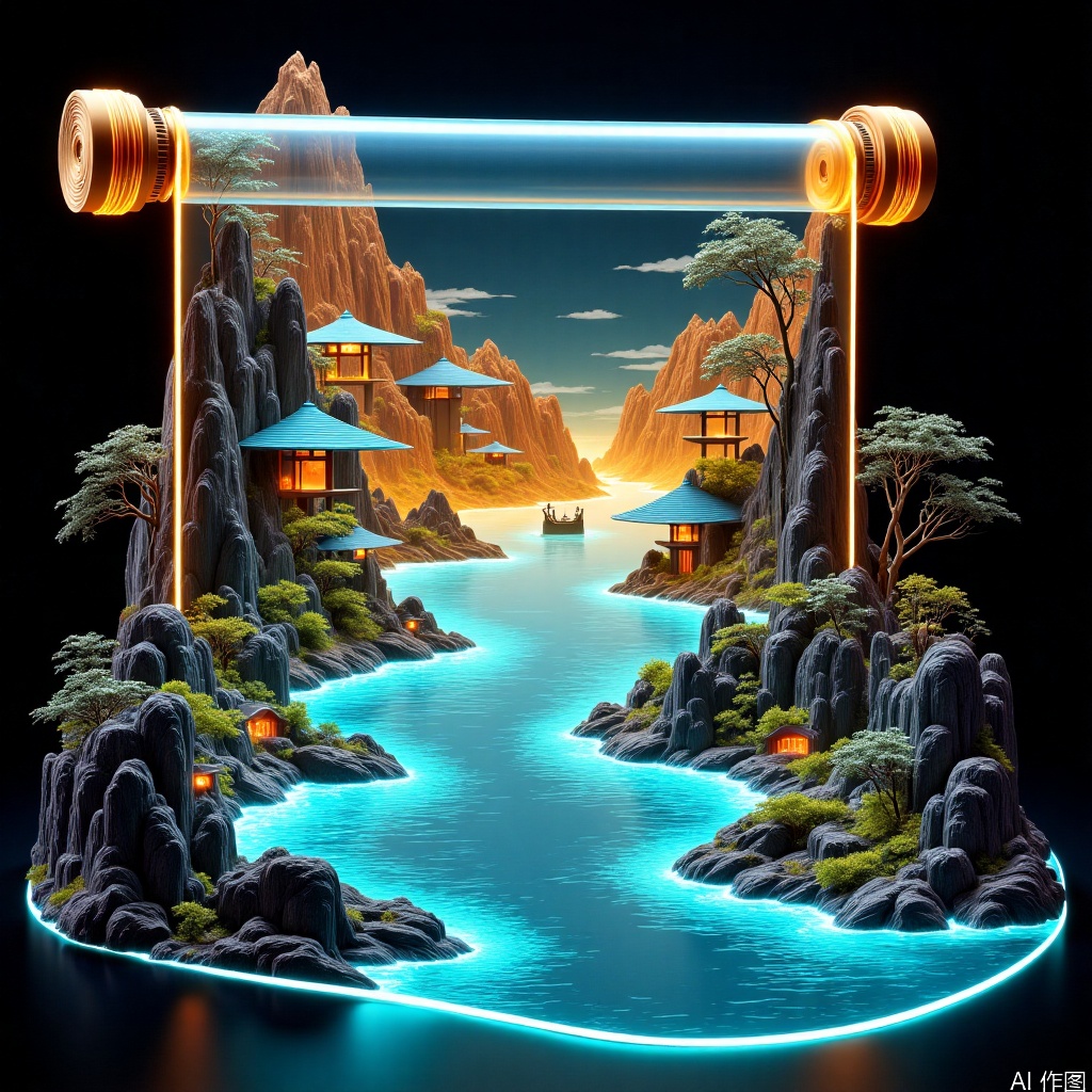 Scroll holographic art painting, retro landscape architecture