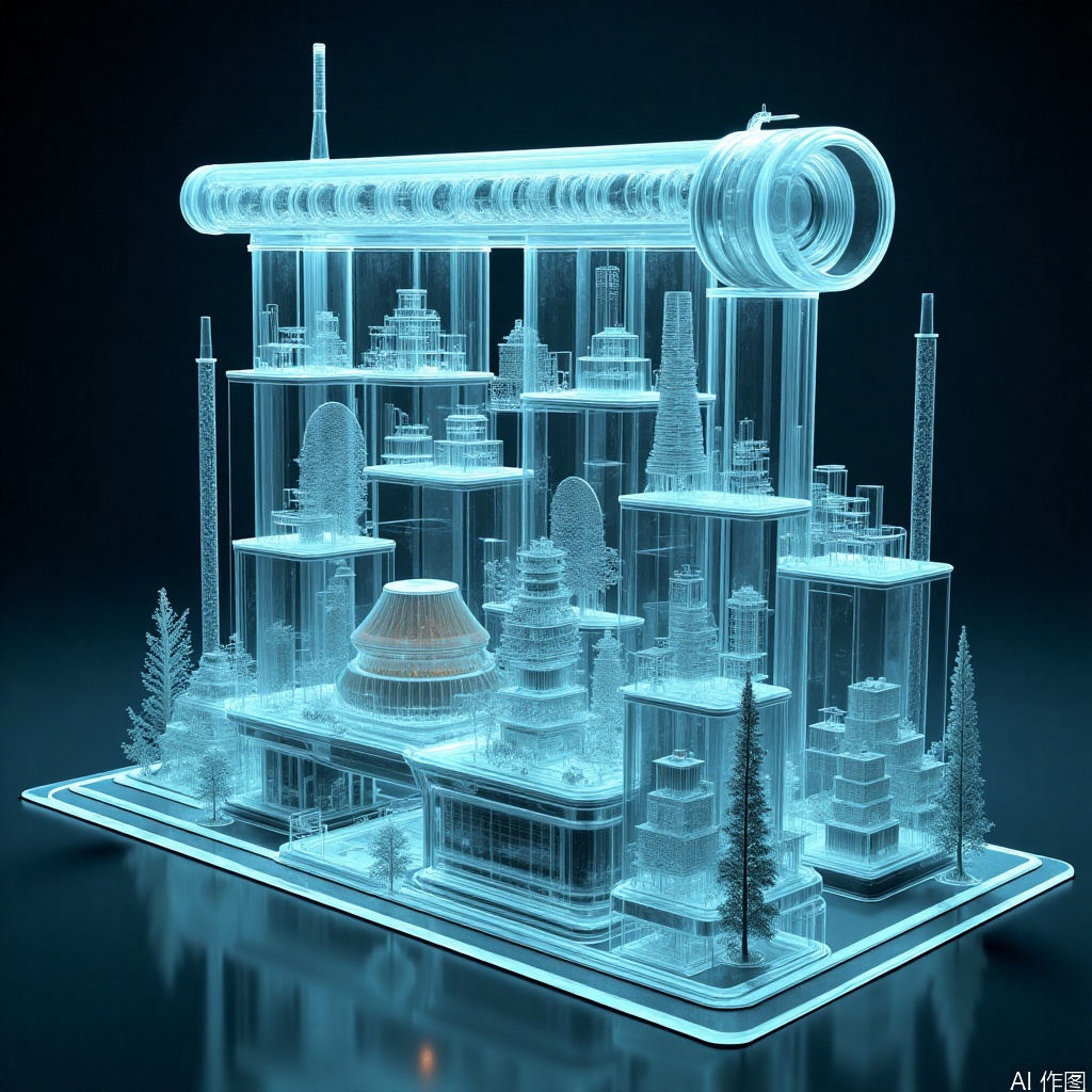 ,Transparent mech,Future architecture,Scroll holographic art painting