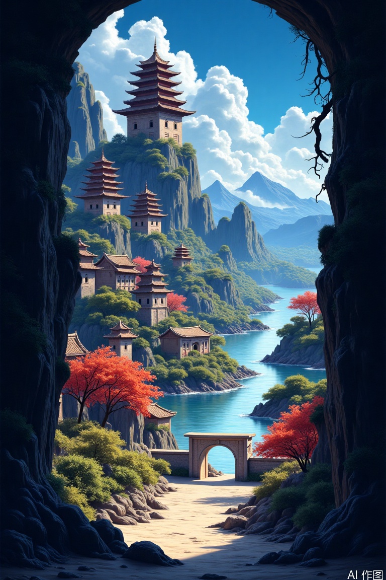 Scenery, landscape, ancient buildings, dreamy, Scroll holographic art painting