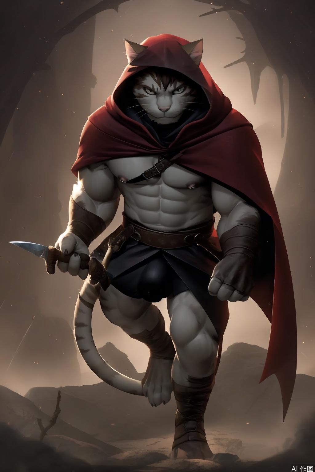 solo, looking at viewer, brown hair, 1boy, holding, animal ears, tail, weapon, male focus, cat ears, hood, cape, holding weapon, cat tail, muscular, knife, cloak, furry, dual wielding, holding knife, dagger, cat boy,sexy,artist:Takahirosi