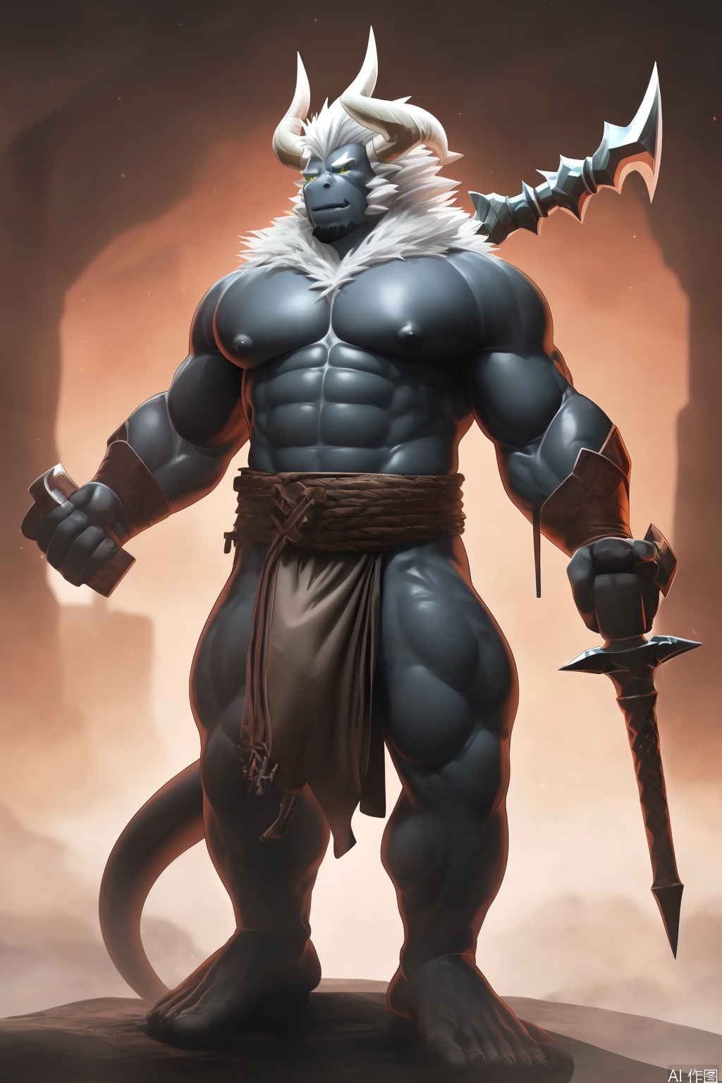 solo, 1boy, holding, tail, full body, weapon, white hair, male focus, horns, holding weapon, muscular, colored skin, facial hair, muscular male, dual wielding, topless male, furry male, monster boy,sexy,artist:Takahirosi