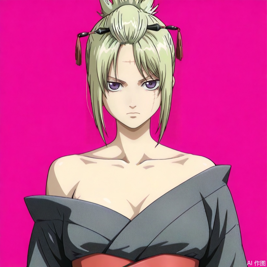 masterpiece, best quality,solo,(white background:1.2),simple background,
looking at viewer,Tsukuyo,Gintama_anime_style,blonde_hair,purple eyes,scar,ninja,,parted bangs,scar on forehead,scar on face,folded ponytail,,scar on cheek,red ribbon,hair ribbon,ponytail,hairclip,hair_ornament,jewelry,collarbone,bare shoulders,japanese clothes,kimono,black_kimono