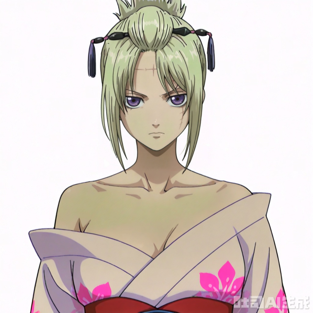 masterpiece, best quality,solo,((white background:1.2)),simple background,
looking at viewer,Tsukuyo,Gintama_anime_style,blonde_hair,purple eyes,scar,parted bangs,scar on forehead,scar on face,folded ponytail,scar on cheek,japanese clothes,print kimono