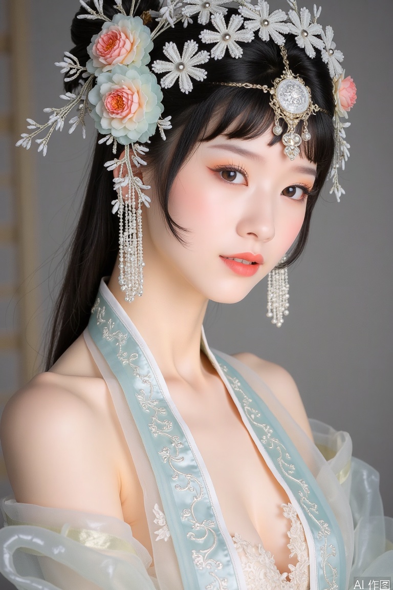 1girl,solo,hanfu,bare_shoulder,cleavage,transparent