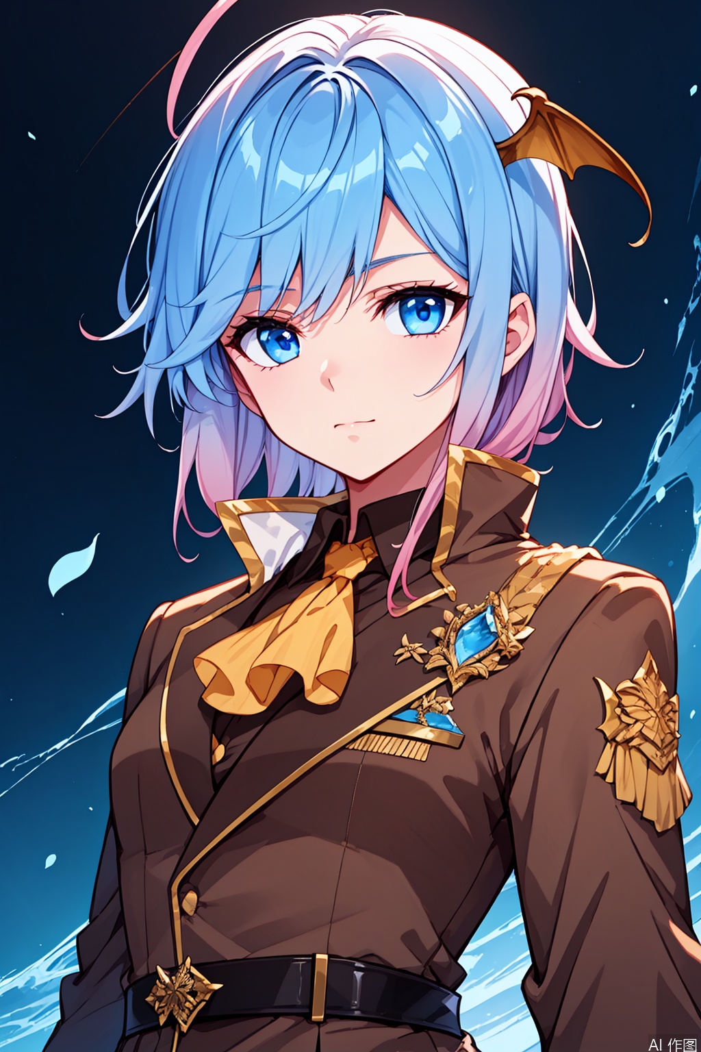 1girl,solo,blue eyes, gradient hair, blue hair, pink hair, head wings, ascot, high collar, military uniform, brown jacket, brown skirt, masterpiece,best quality,official art,extremely detailed CG unity 8k wallpaper,upper body,looking at viewer,Face me,
