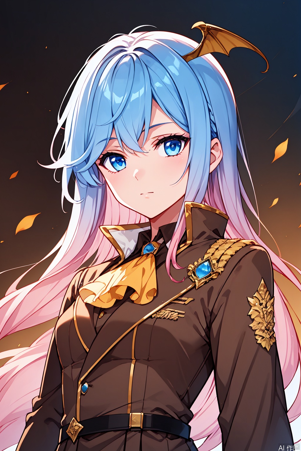 1girl,solo,blue eyes, gradient hair, blue hair, pink hair, head wings, ascot, high collar, military uniform, brown jacket, brown skirt, masterpiece,best quality,official art,extremely detailed CG unity 8k wallpaper,upper body,looking at viewer,Face me,