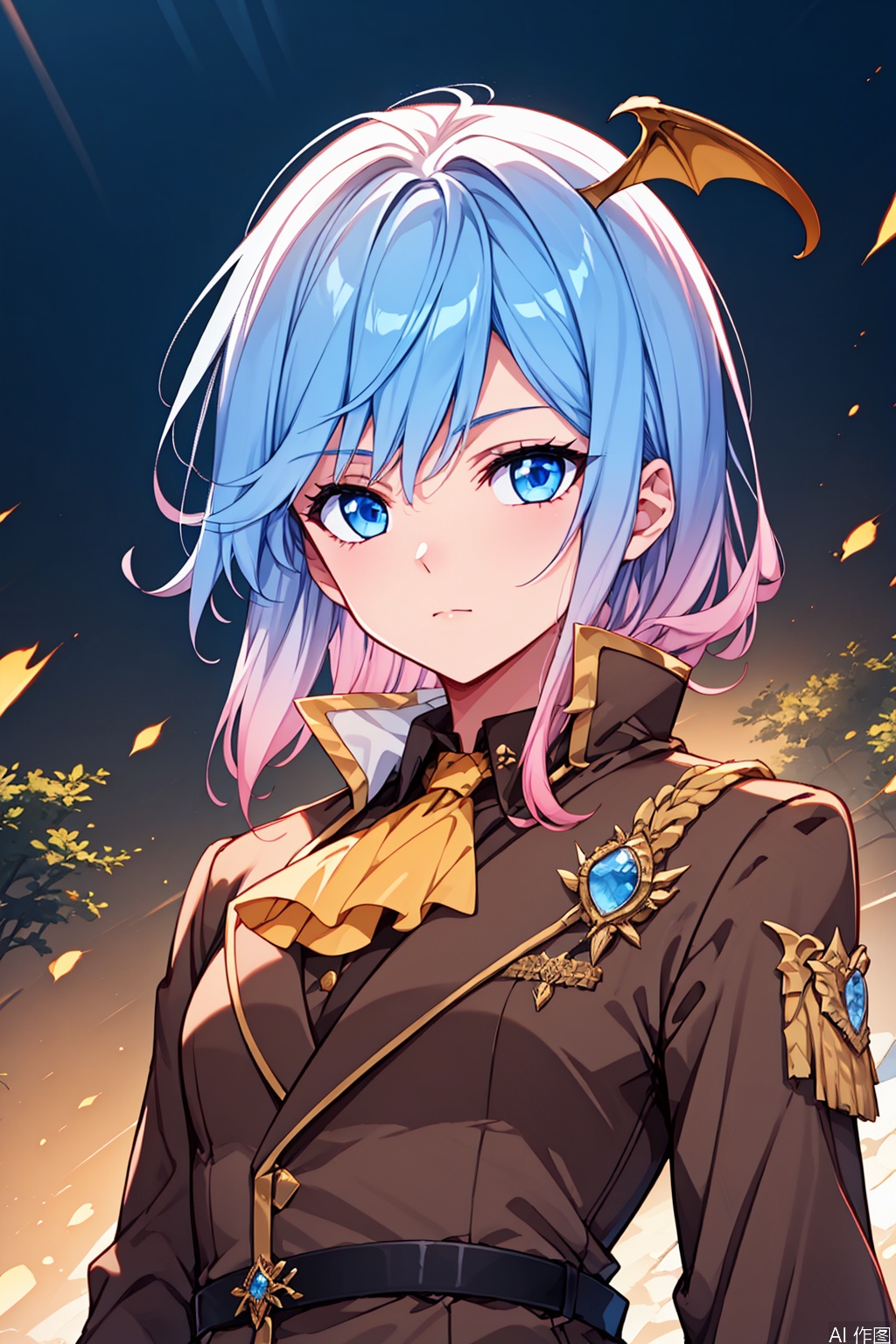 1girl,solo,blue eyes, gradient hair, blue hair, pink hair, head wings, ascot, high collar, military uniform, brown jacket, brown skirt, masterpiece,best quality,official art,extremely detailed CG unity 8k wallpaper,upper body,looking at viewer,Face me,